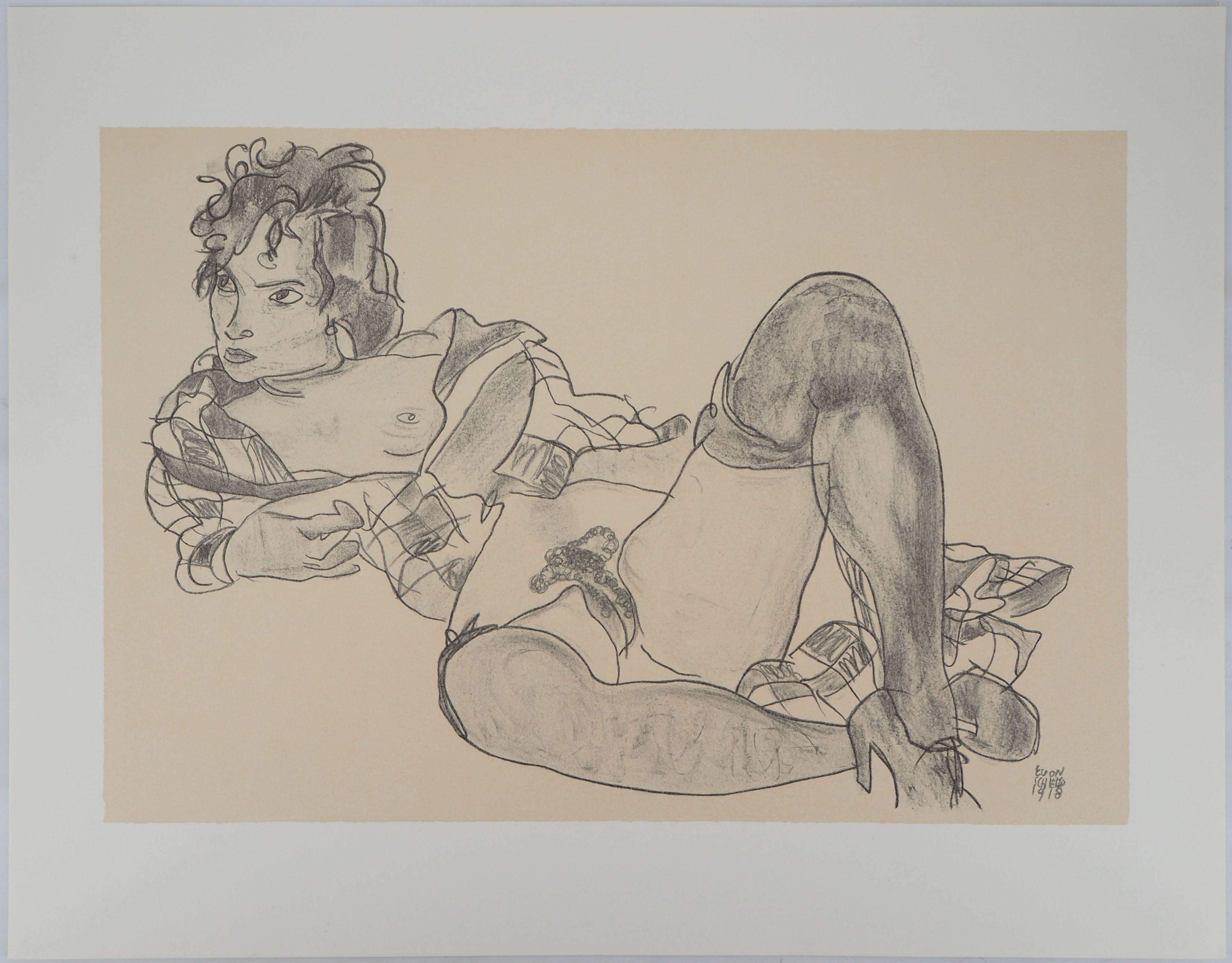 Egon Schiele Nude Print - Reclining Nude - Lithograph (Kallir #2427)