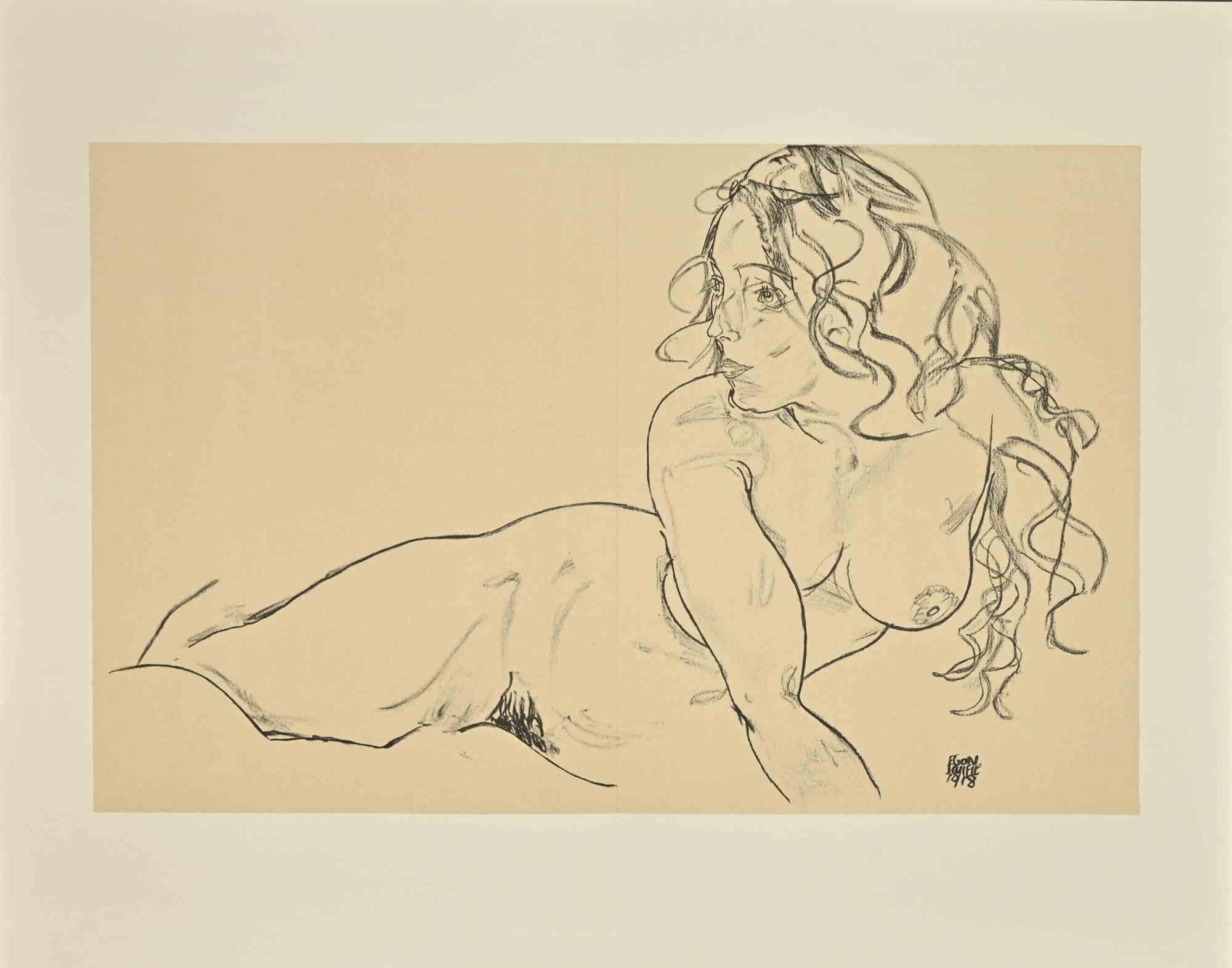 Egon Schiele, Reclining Nude with Raised Torso, lithograph after a drawing Schiele realized in 1918. 
Reclining Nude with Raised Torso  is a beautiful colored lithograph from the portfolio " Erotica ".
It deals with a reproduction of the homonym