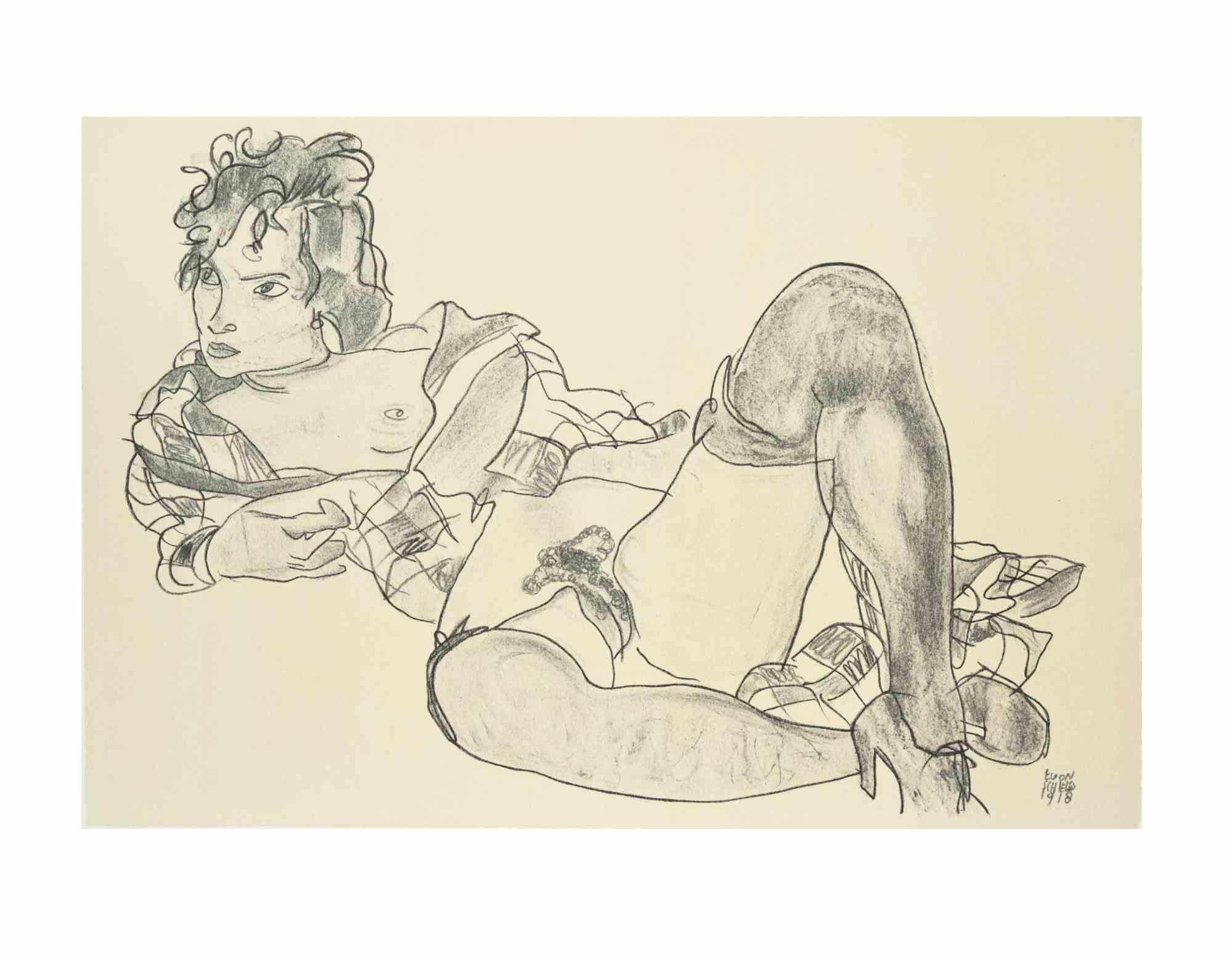 Egon Schiele Nude Print – Liegende Frau – Lithographie – 2007