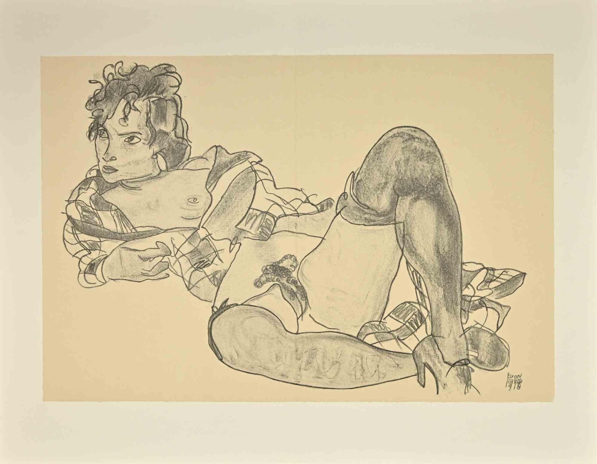 Reclining Woman  is a beautiful lithograph from the portfolio " Erotica " by Egon Schiele.

It is a reproduction of the homonym black crayon drawing, a self-portrait realized by  the Austrian master  in 1918, today preserved at the Albertina Museum