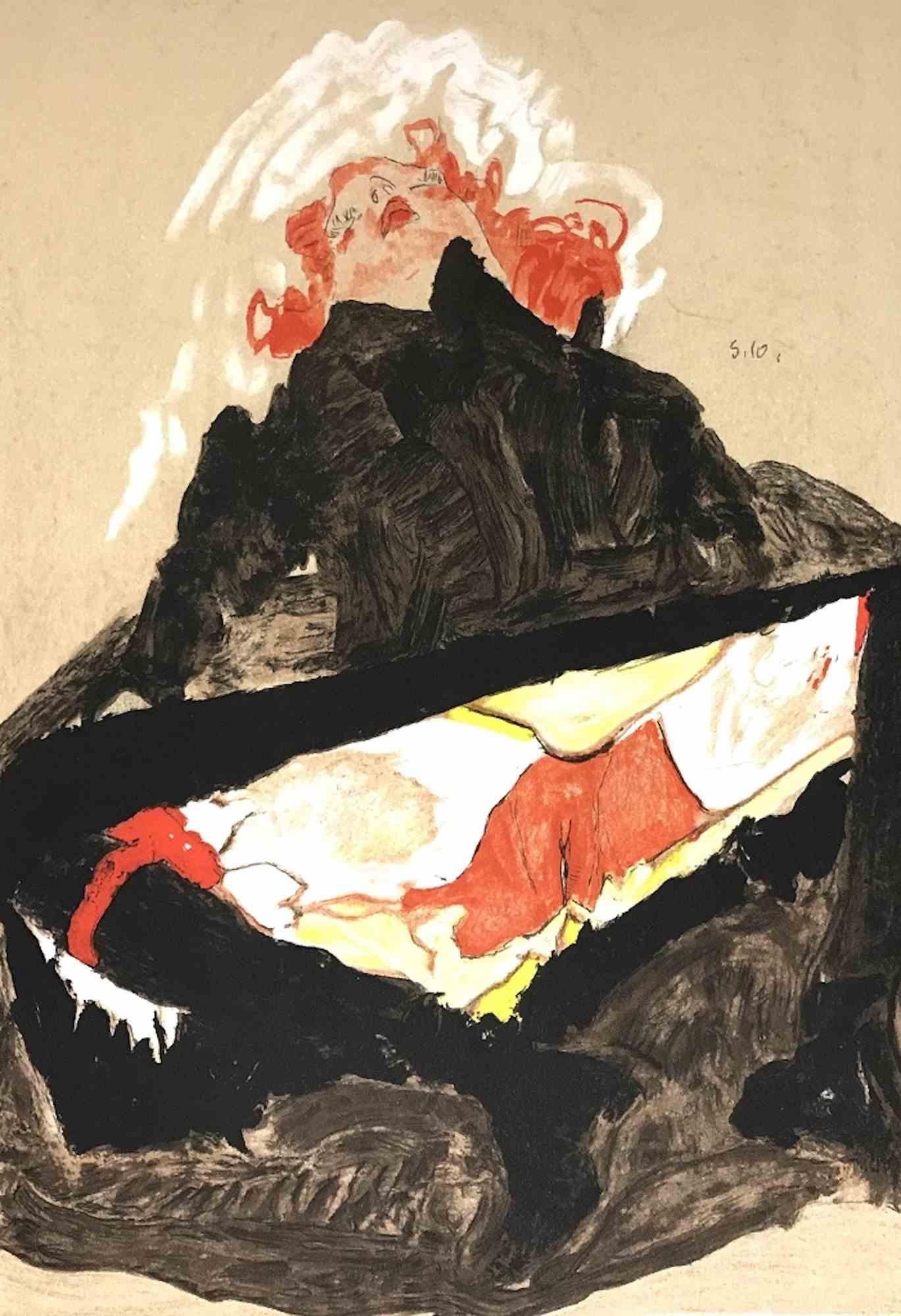 Egon Schiele Portrait Print - Red-Haired Girl With Spread Legs - Lithograph - 2007