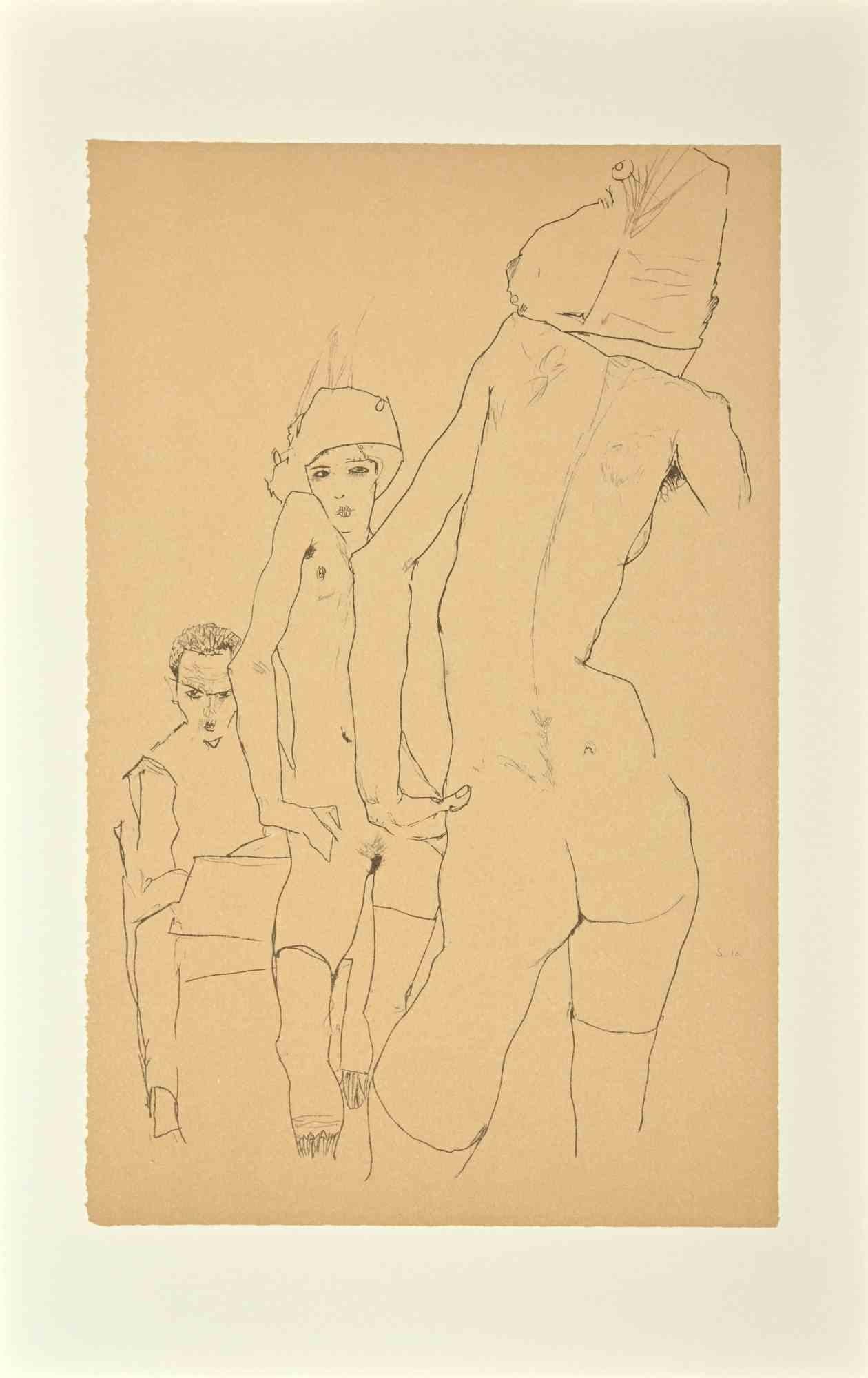 Egon Schiele Portrait Print - Schiele Drawing a Nude Model in front of a Mirror-Lithograph-2007