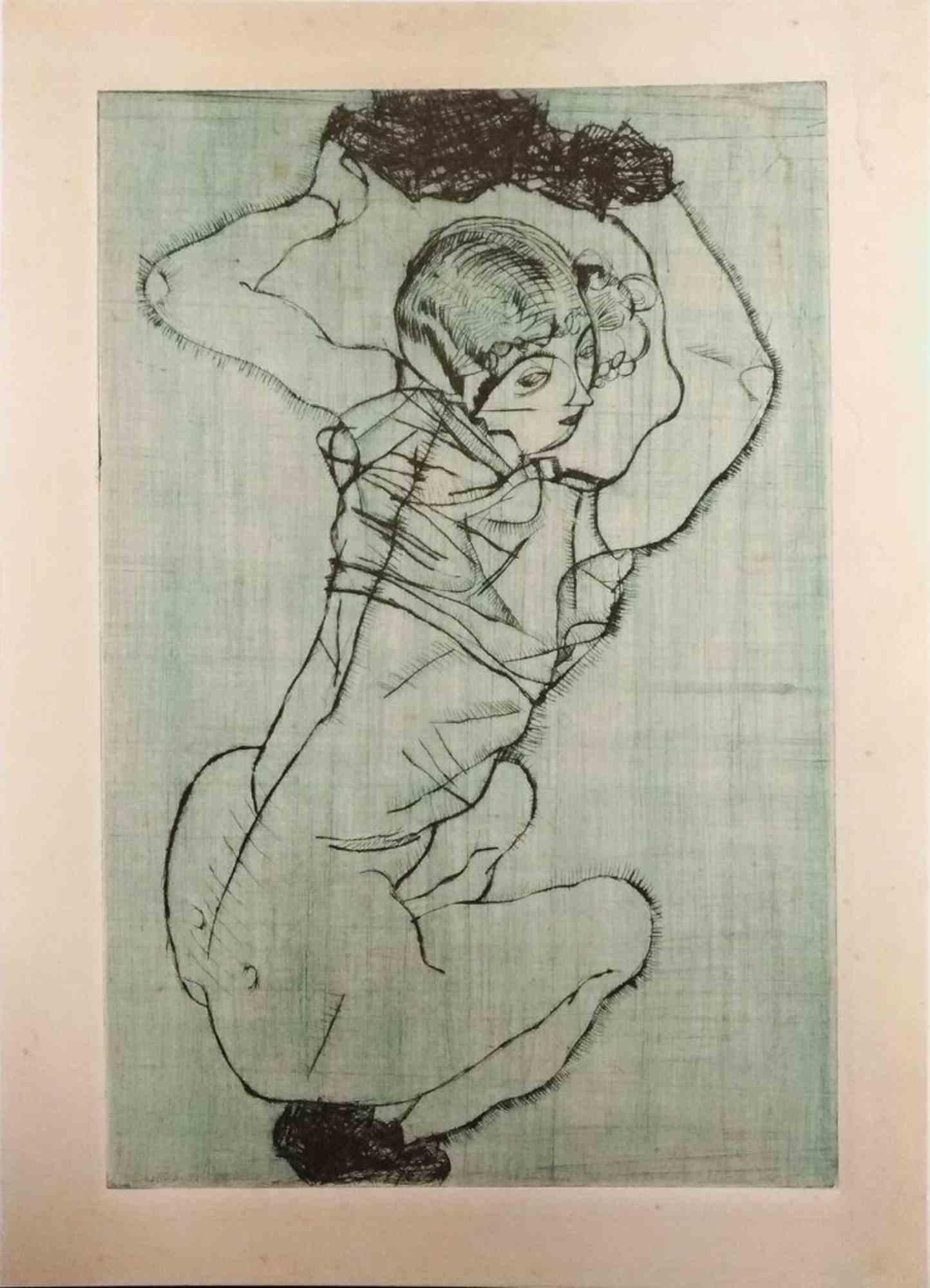 Portrait Print Egon Schiele - Femme assise - Lithographie - années 1990