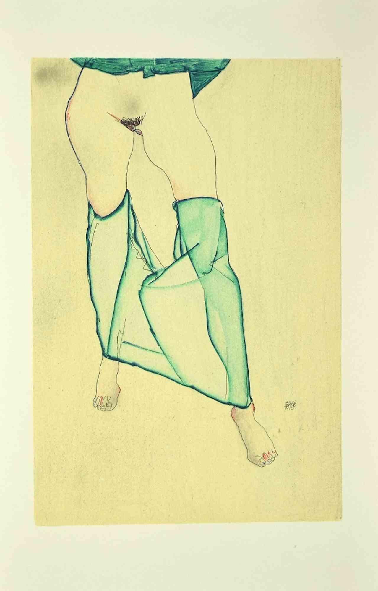 Egon Schiele Portrait Print - Standing Female Nude From the Waist Down - Lithograph - 2007