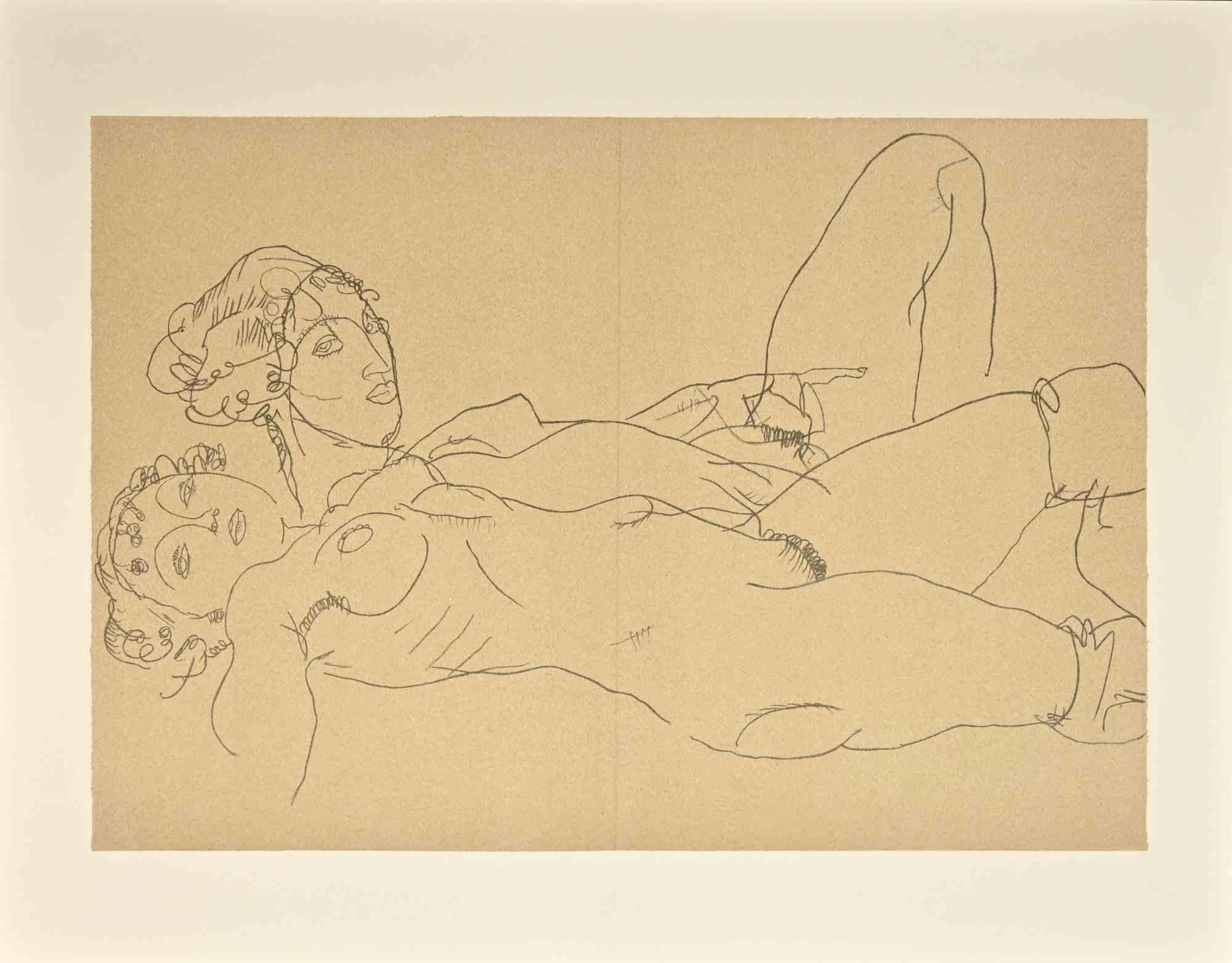 Two Reclining Nude Girls  is a beautiful lithograph from the portfolio " Erotica " after Egon Schiele.

It is a reproduction of the homonym pencil drawing realized by the Austrian master in 1914.  Edition of 1200 copies , printed by  Marinoni-Voirin