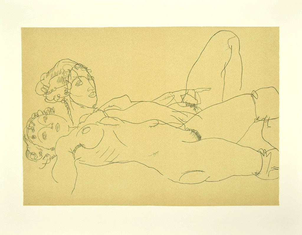 Two Reclining Nude Girls is a beautiful original lithograph from the portfolio "Erotica" by Egon Schiele.

It is a reproduction of the homonym pencil drawing realized by the Austrian master in 1914. Edition of 1200 copies, printed by Marinoni-Voirin