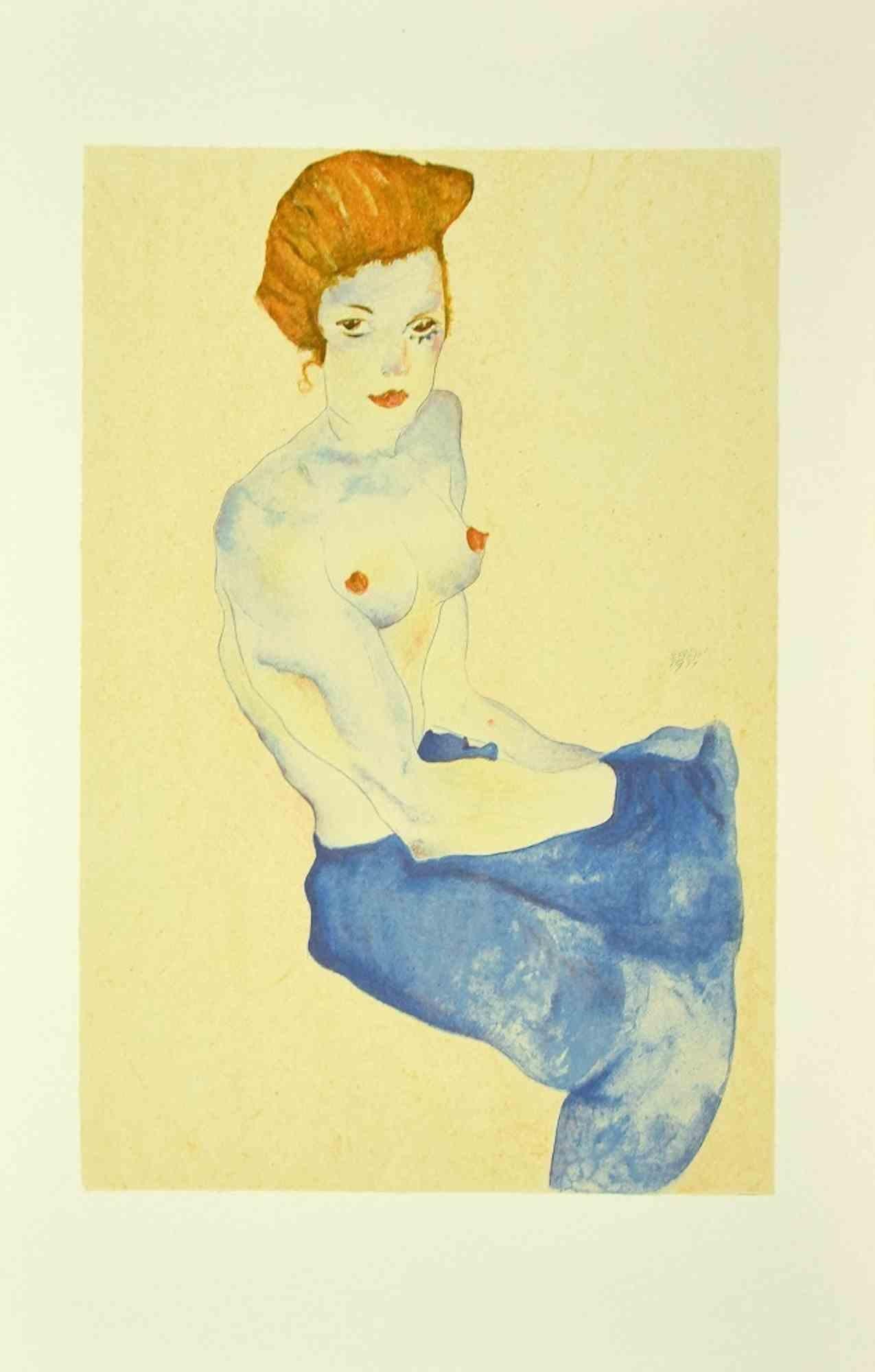 Egon Schiele Portrait Print - Woman With Blue Skirt - Lithograph - 2007
