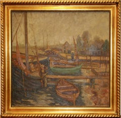 Peinture à l'huile ancienne d'Egon von Kameke, "Boat Dock" (quai de bateau)