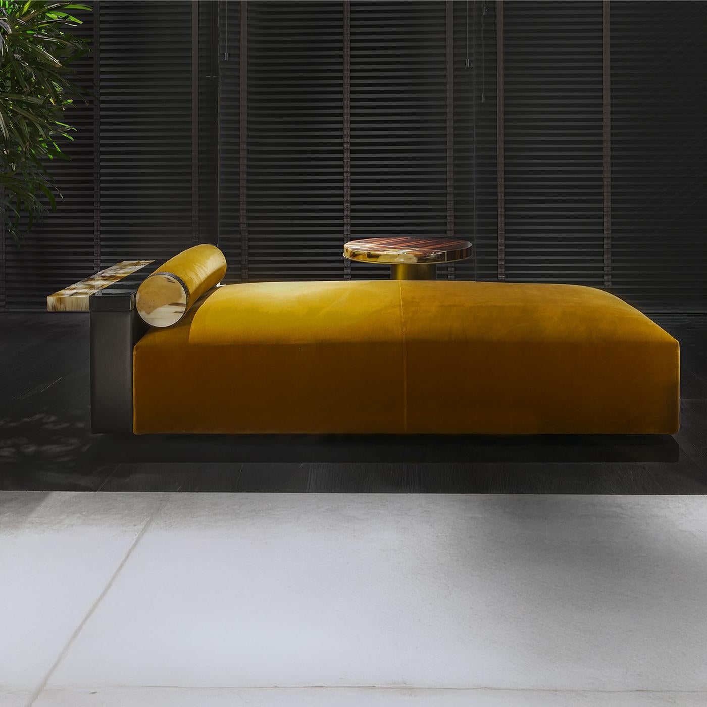 Contemporary Egon Yellow Velvet With Leather And Horn Details Chaise Lounge by Arcahorn For Sale
