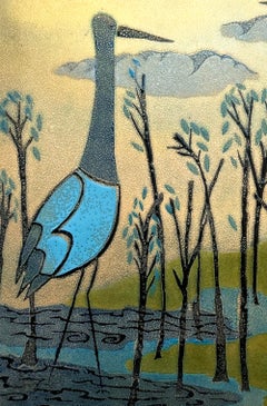 "Egret in Blue and Gray", Mid Century Enamel Panel with Gold Sky, Walnut Frame