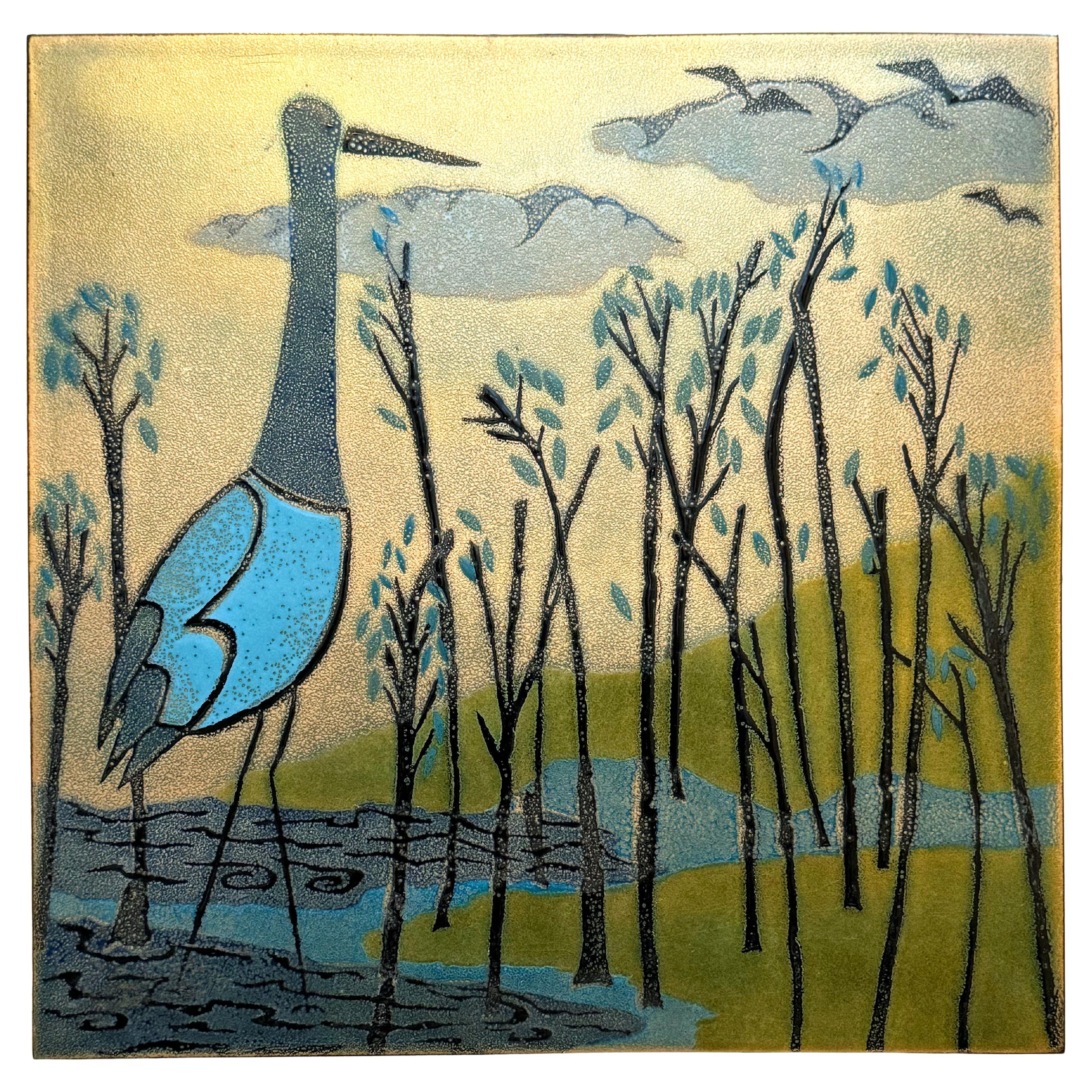 "Egret in Blue and Gray", Mid Century Enamel Panel with Gold Sky, Walnut Frame