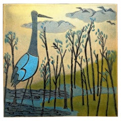 "Egret in Blue and Gray", Mid Century Enamel Panel with Gold Sky, Walnut Frame
