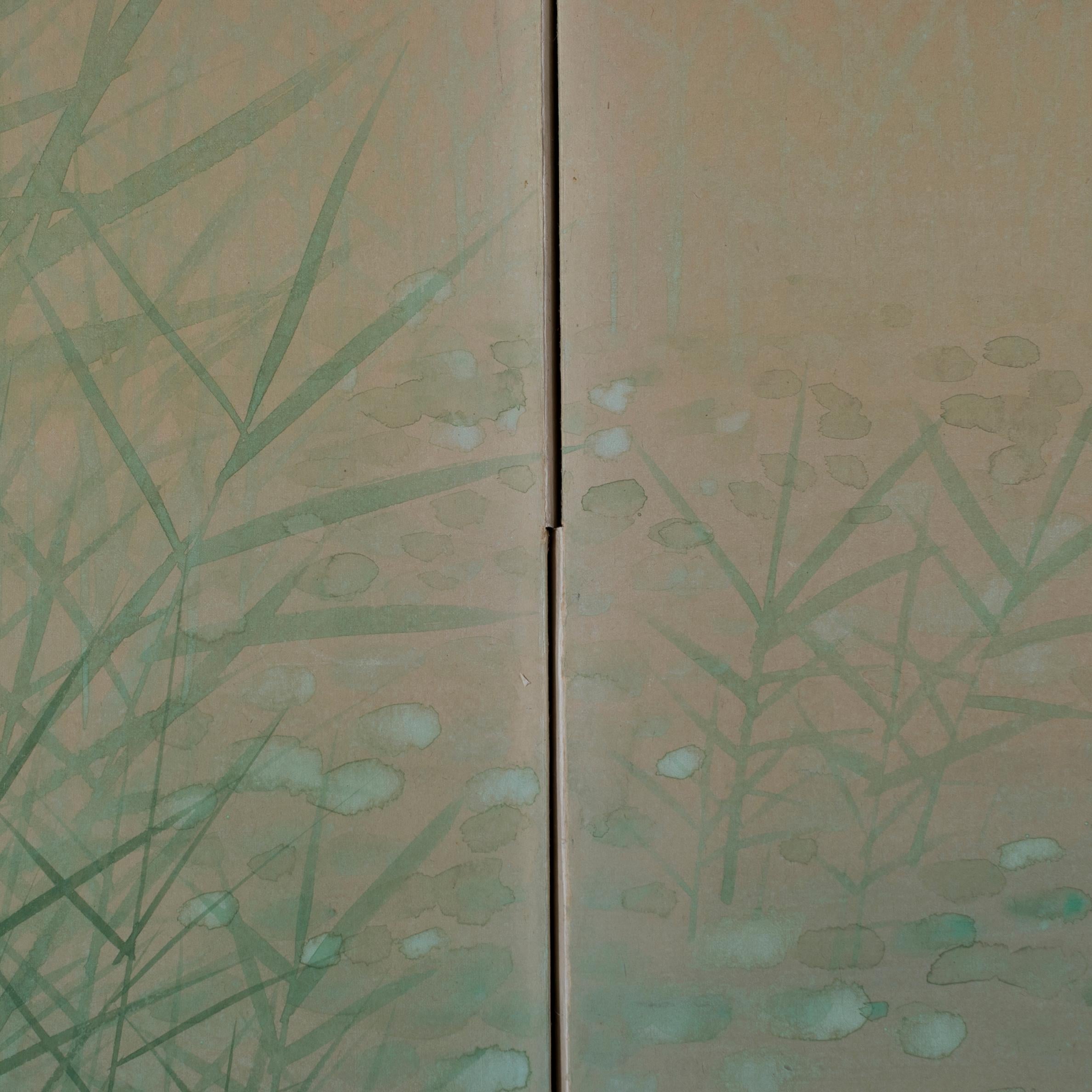 „“Egrets Amongst Lotuses“ Japanischer Byobu-Raumteiler des frühen 20. Jahrhunderts 1