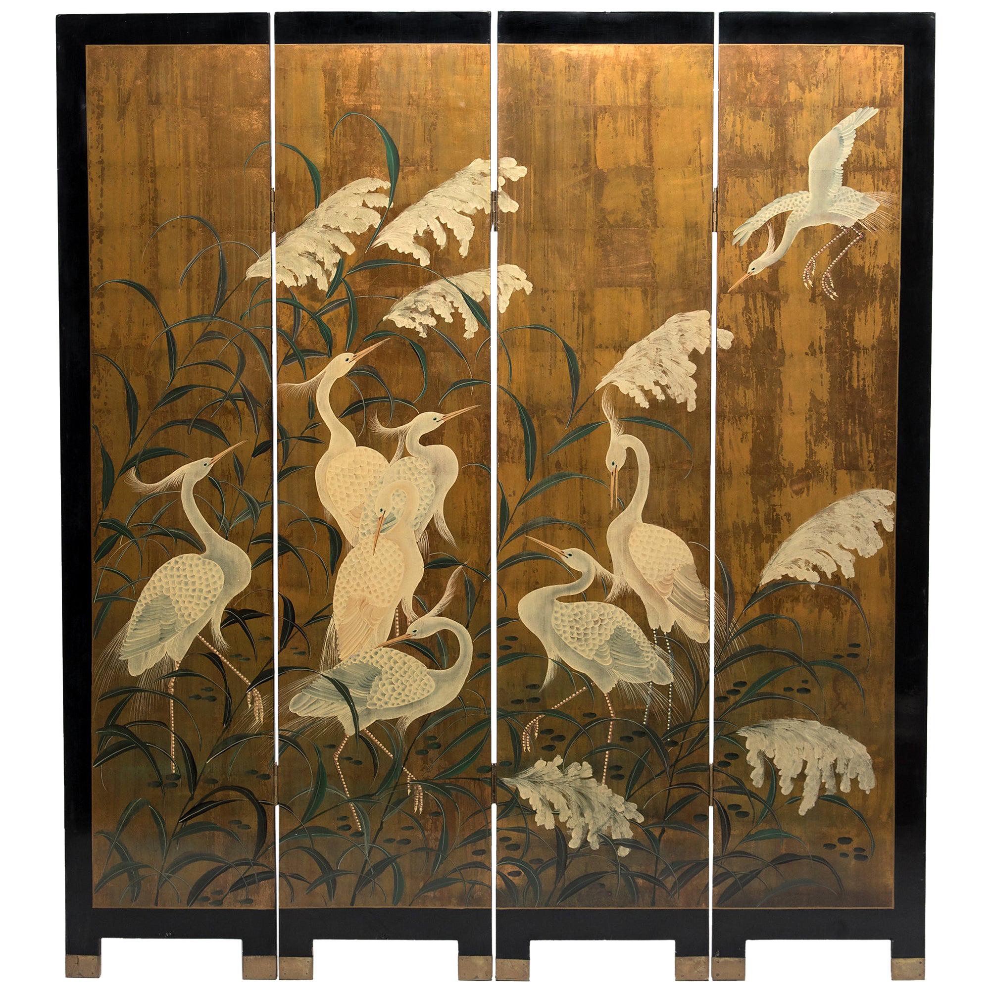 "Egrets beneath Tall Grass" Japanese-style Gilt Four-Panel Screen