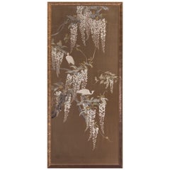 Antique "Egrets on Wisteria Vines" Japanese Embroidered Silk Tapestry