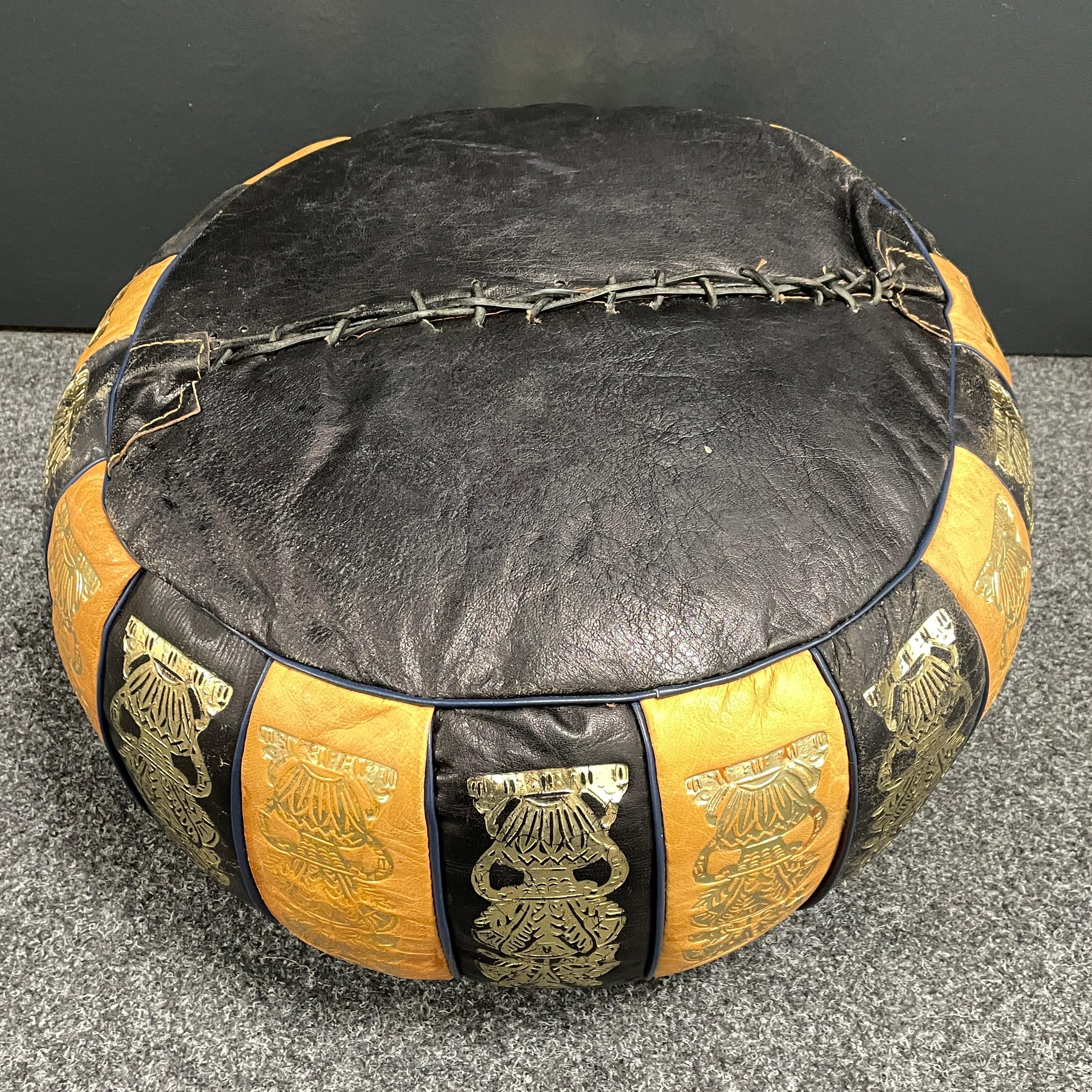 Late 20th Century Egypt Pictured Pouf Ottoman Footrest Poof Pouffe Made of Leather, 1970s For Sale