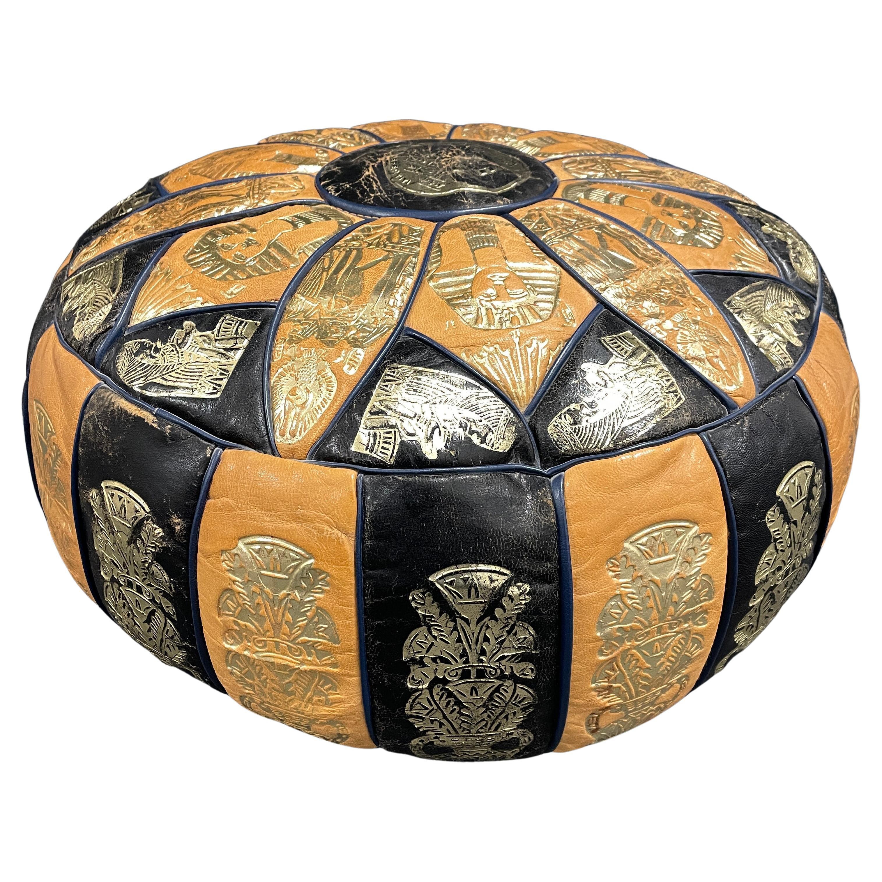 Egypt Pictured Pouf Ottoman Footrest Poof Pouffe Made of Leather, 1970s