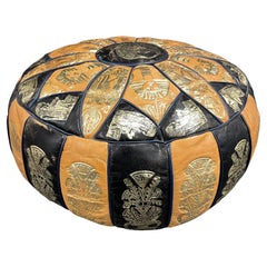 Retro Egypt Pictured Pouf Ottoman Footrest Poof Pouffe Made of Leather, 1970s