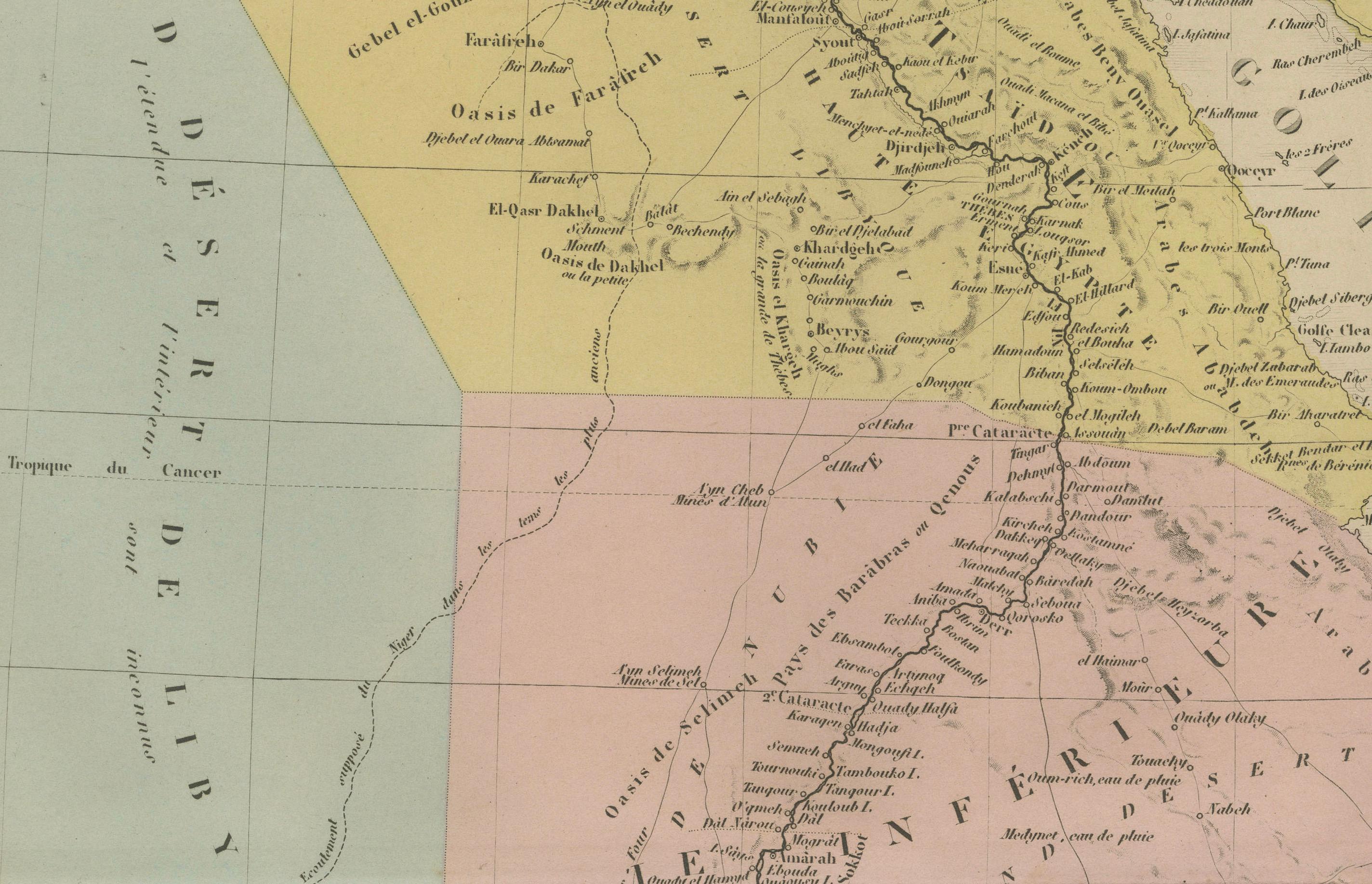 Mapa antiguo de Egipto, Nubia y la costa del Mar Rojo - Andriveau-Goujon, París 1865

Este mapa antiguo delicadamente coloreado, titulado *Partie du Cours du Nil comprenant l'Égypte, la Nubie, l'Abyssinie et la Mer Rouge*, fue grabado y publicado en