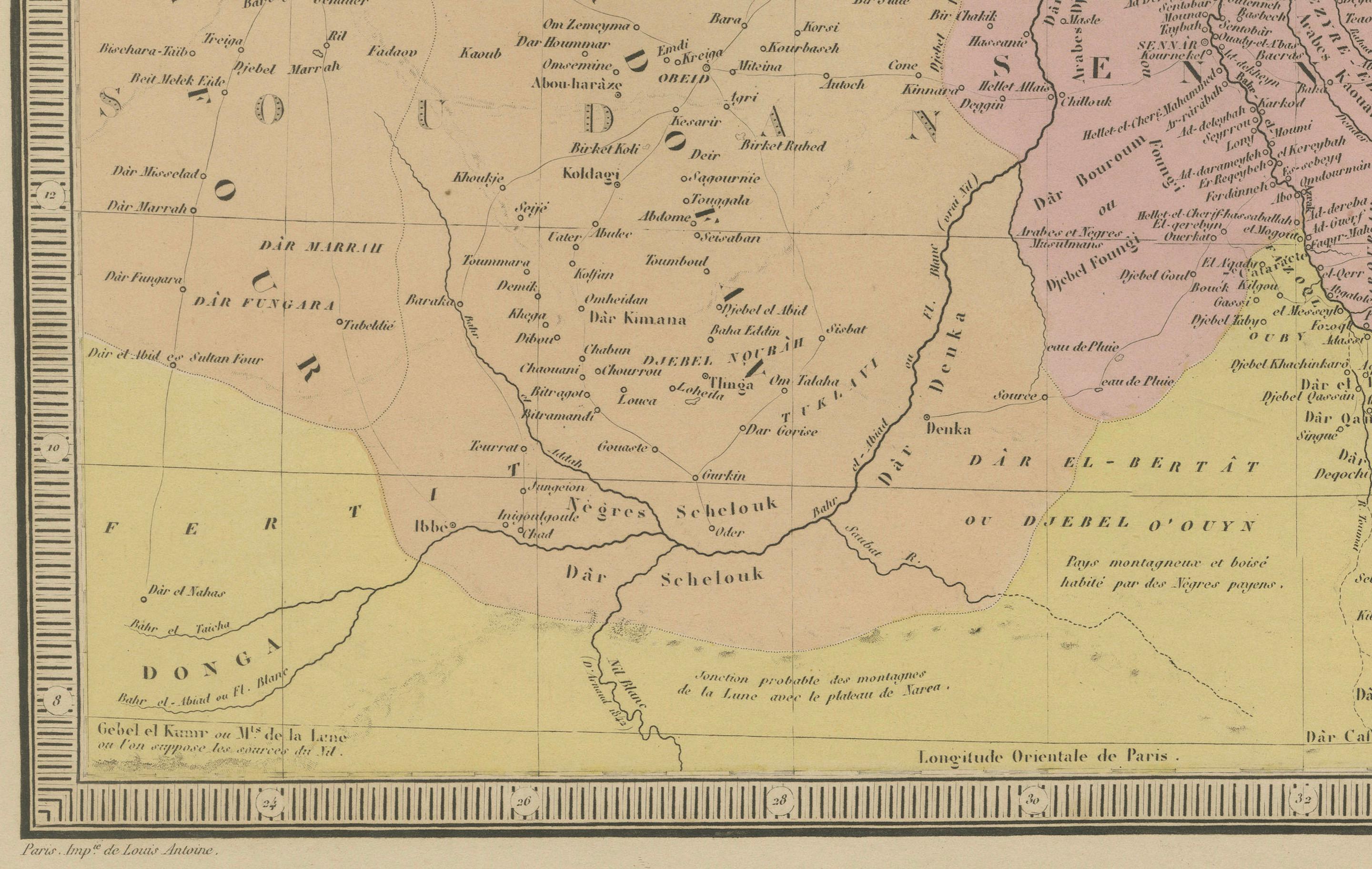 Mapa antiguo de Egipto y el Mar Rojo - Mapa detallado de 1865 de las regiones de Nubia y el Nilo Grabado en venta