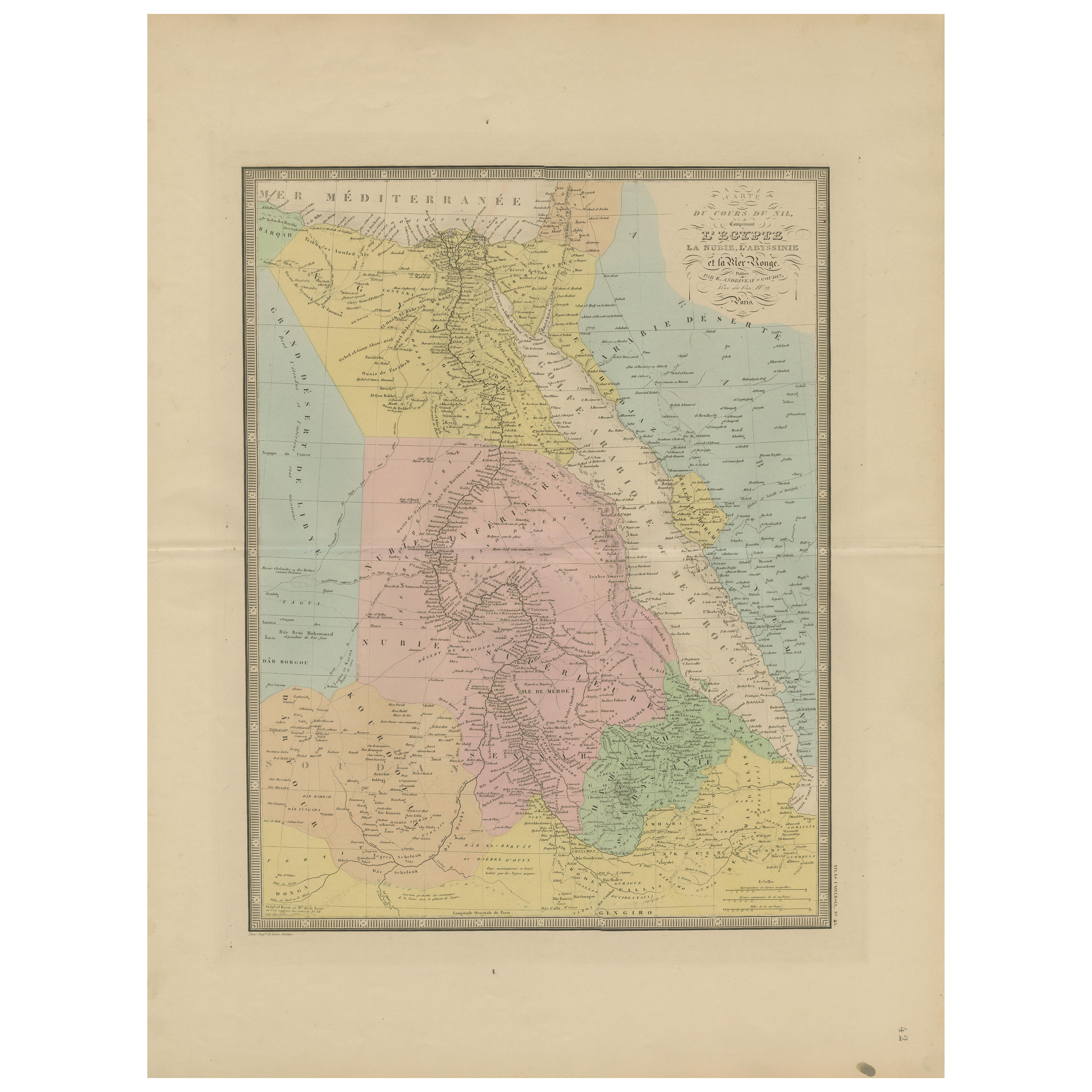 Mappa antica dell'Egitto e del Mar Rosso - Carta dettagliata della Nubia e delle regioni del Nilo del 1865 in vendita