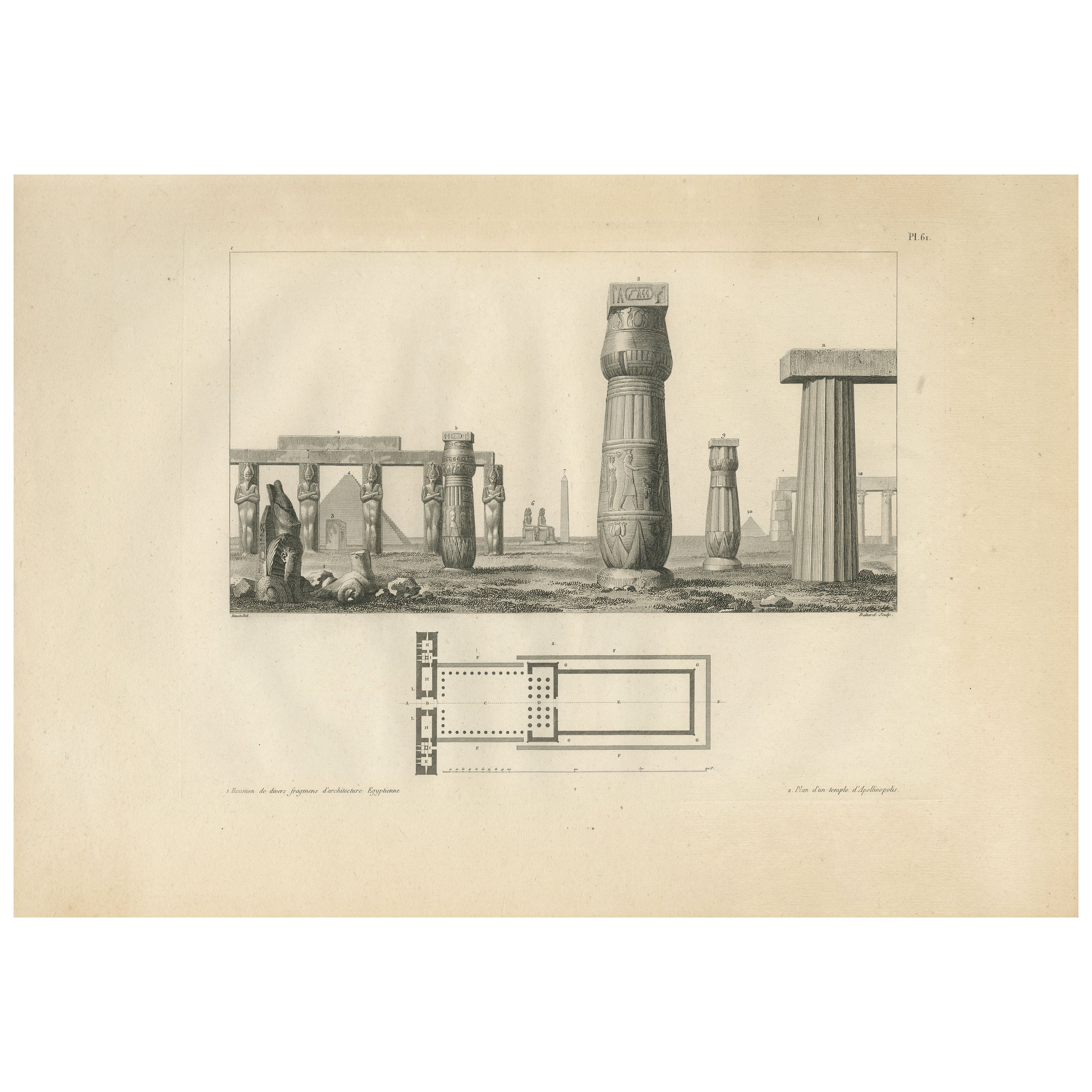 Ruines d
un temple égyptien avec plan architectural - Denon Voyage Égypte Gravure 1802 en vente