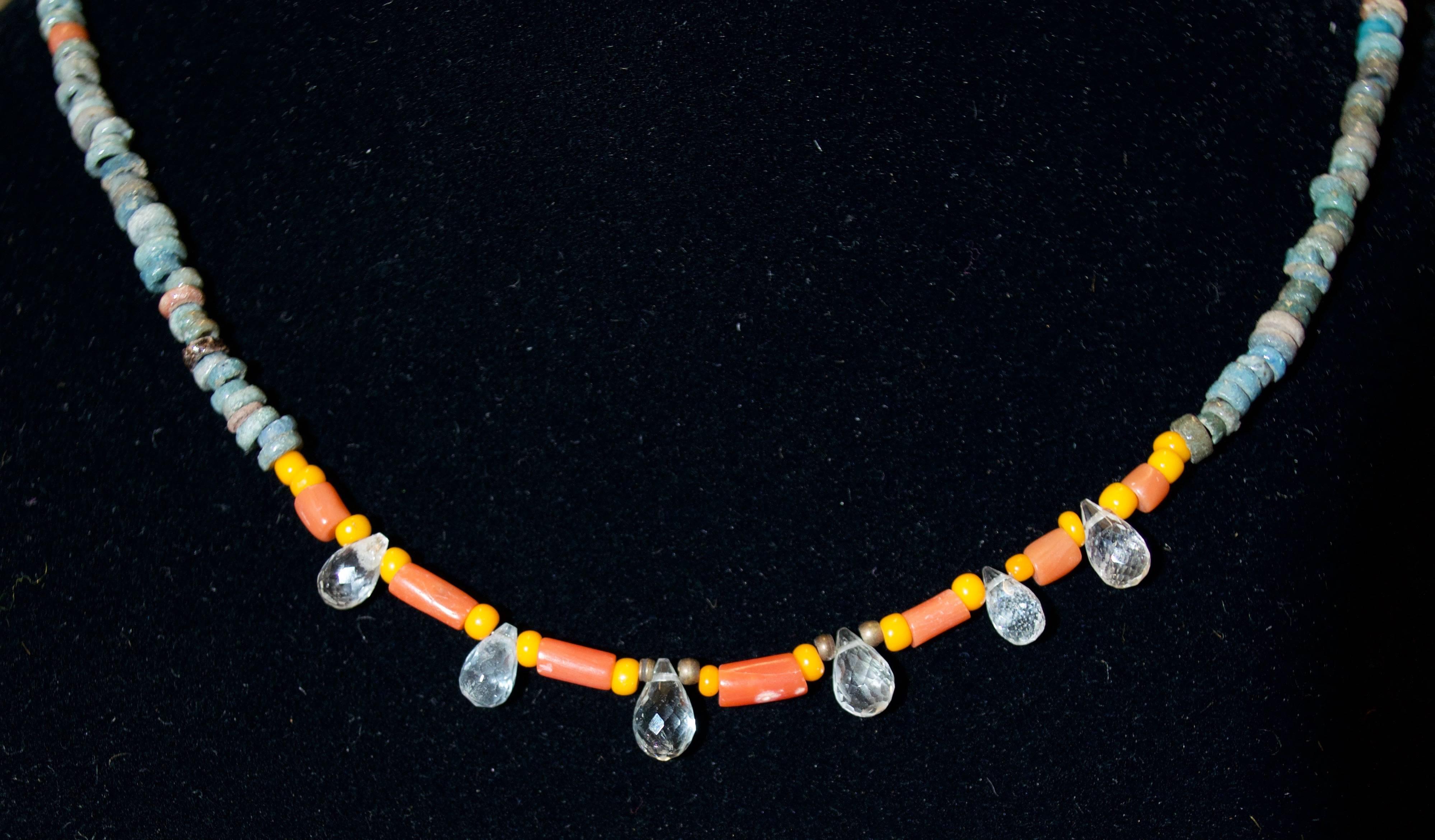 Original Egyptian Faience beads 2,500 yrs old restrung with 6 critrine Briolettes interlaced with yellow and coral shell beads .This piece comes from our 
