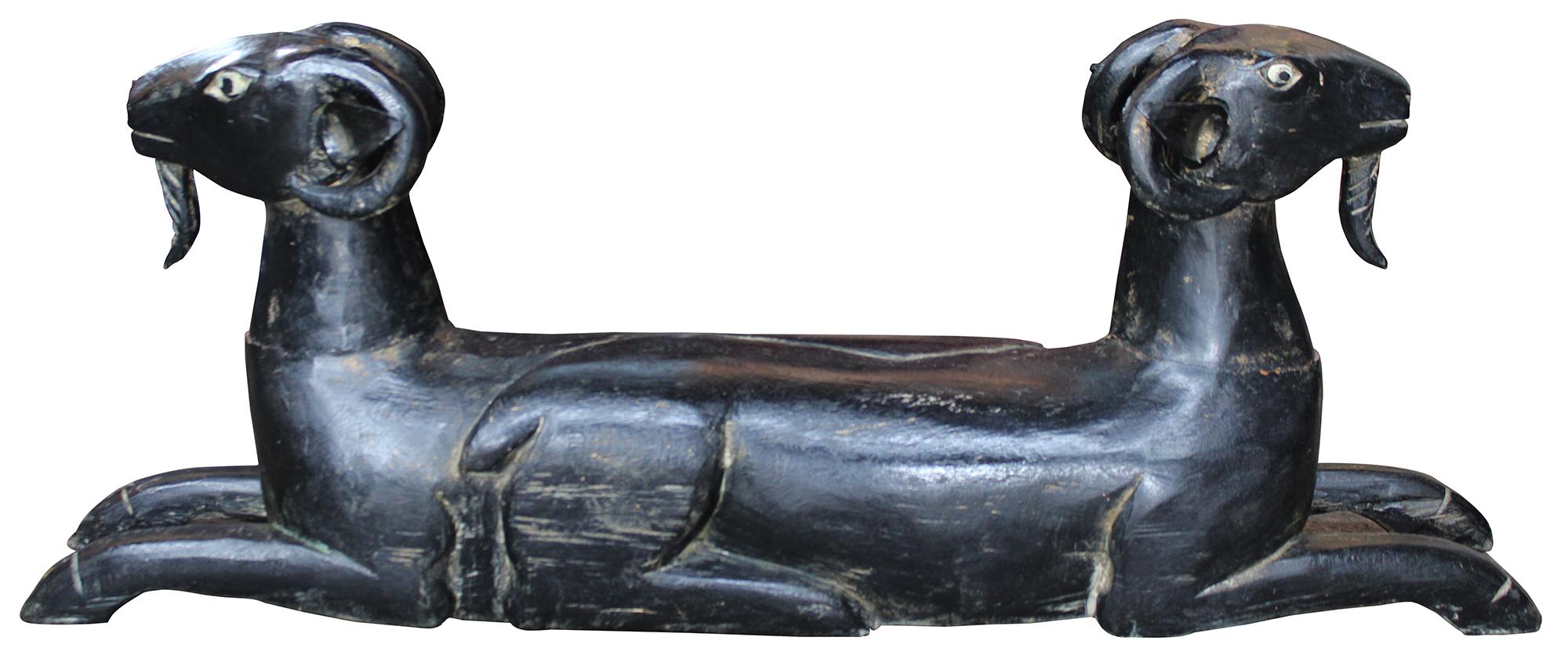 Vintage two-headed Egyptian Revival ram or goat sculpture / statue. Hand carved from wood, painted black.
   