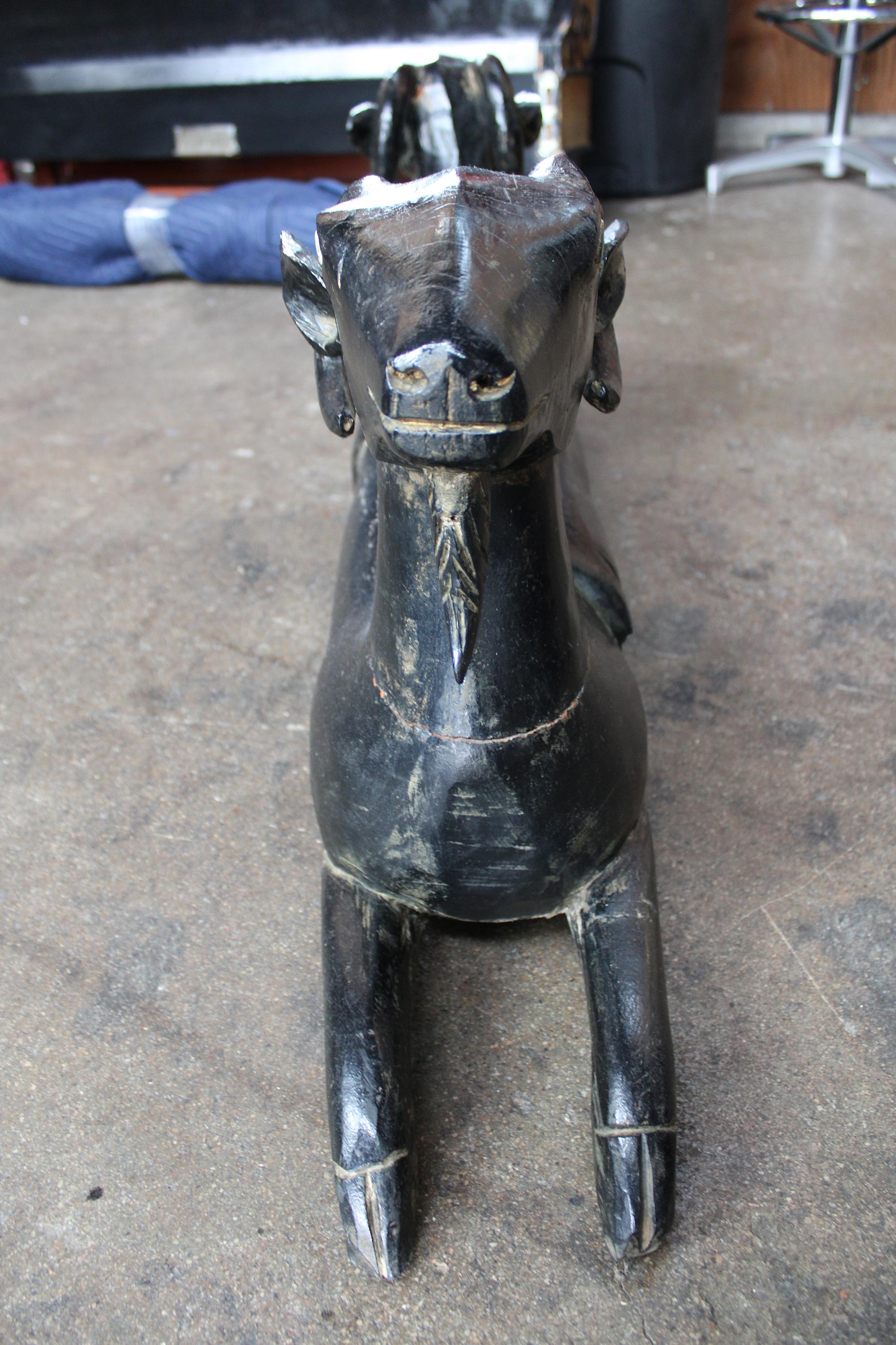 Egyptian Revival Two-Headed Ram Goat Wood Carving Sculpture In Good Condition In Dayton, OH