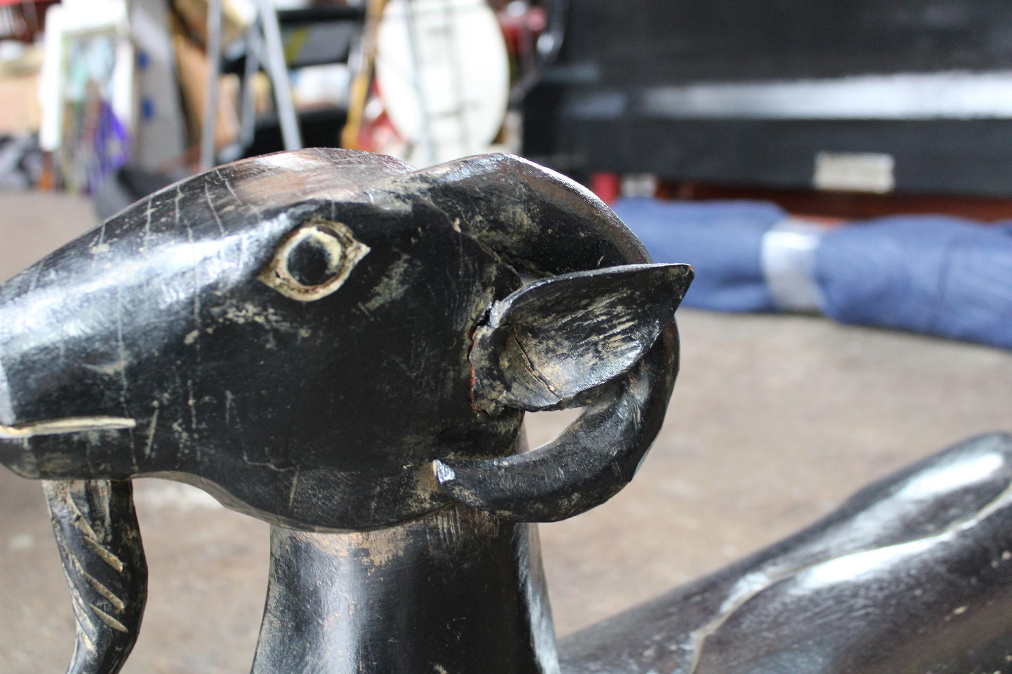 20th Century Egyptian Revival Two-Headed Ram Goat Wood Carving Sculpture
