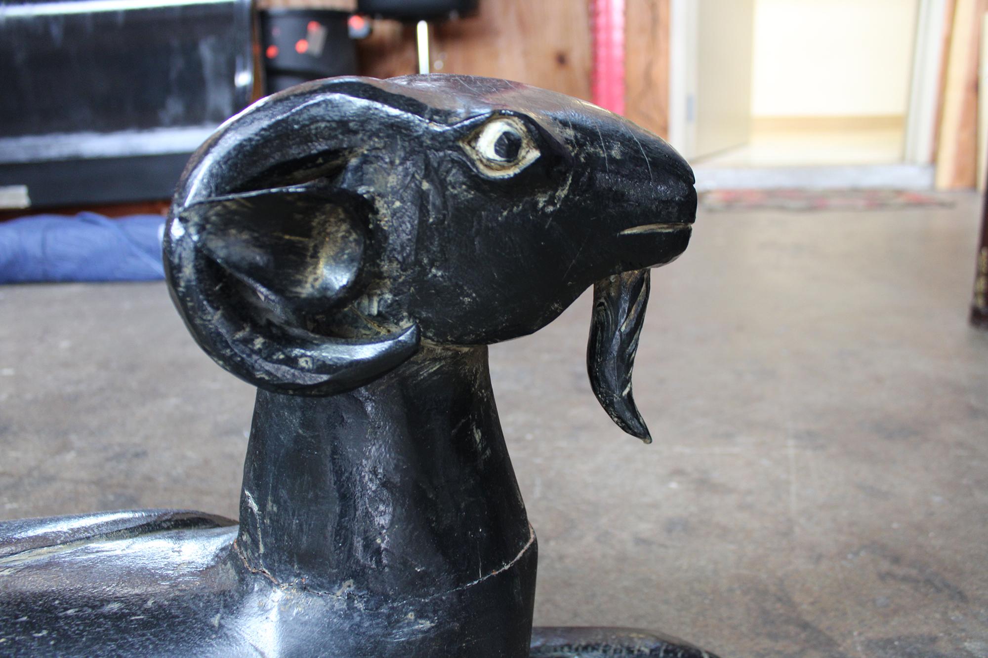 Egyptian Revival Two-Headed Ram Goat Wood Carving Sculpture 1