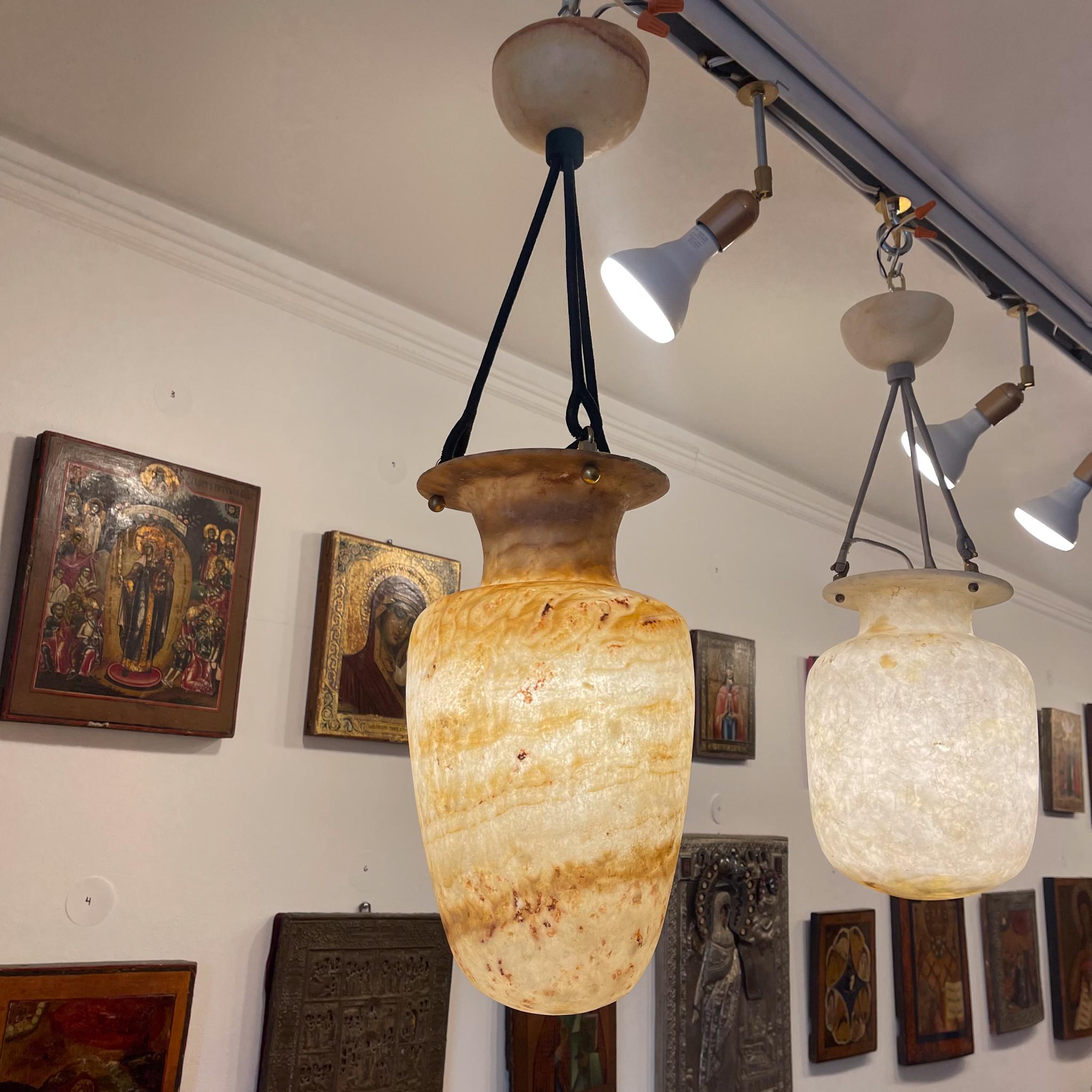 Neoclassical Revival Egyptian Alabaster Amphora Light Fixture For Sale