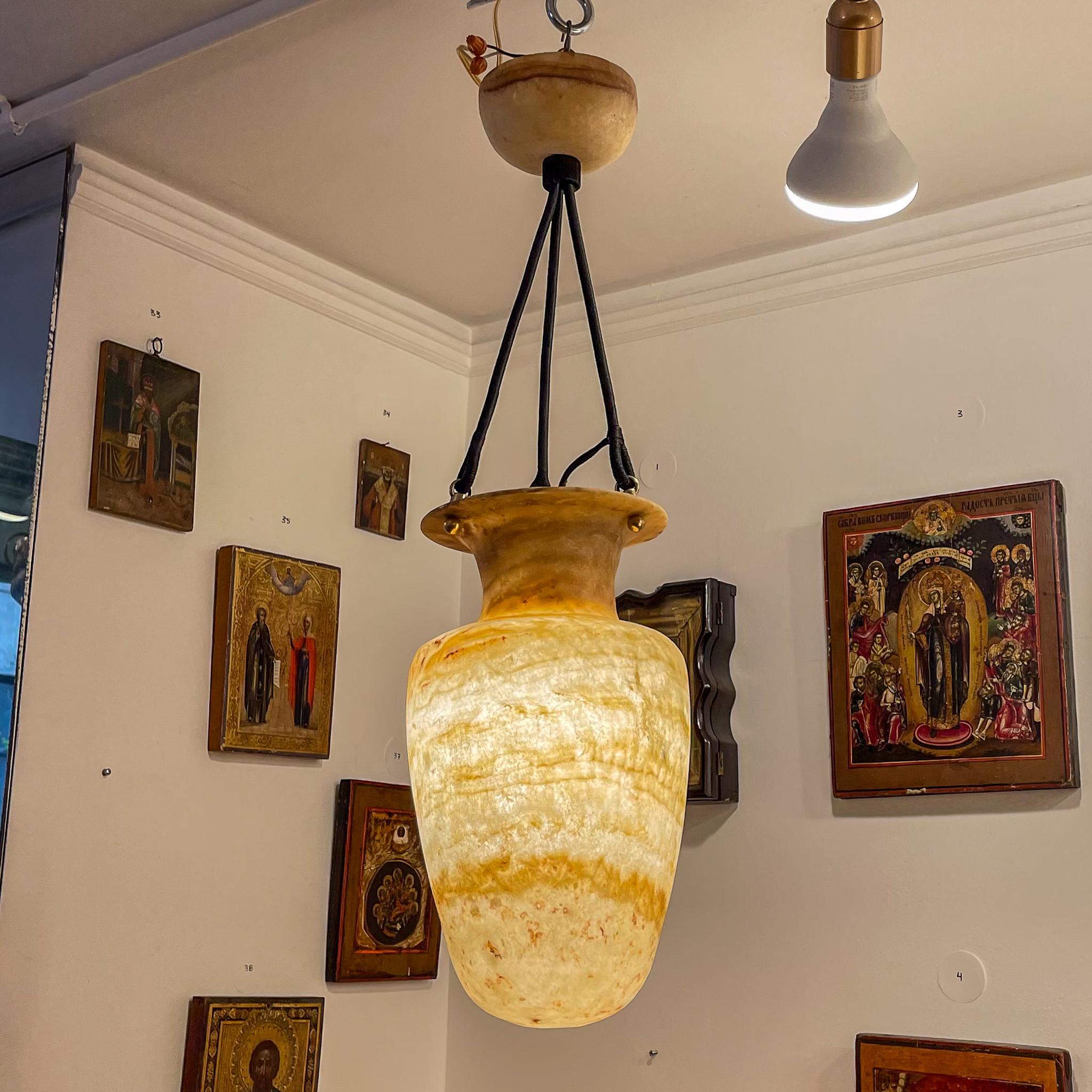Carved Egyptian Alabaster Amphora Light Fixture For Sale