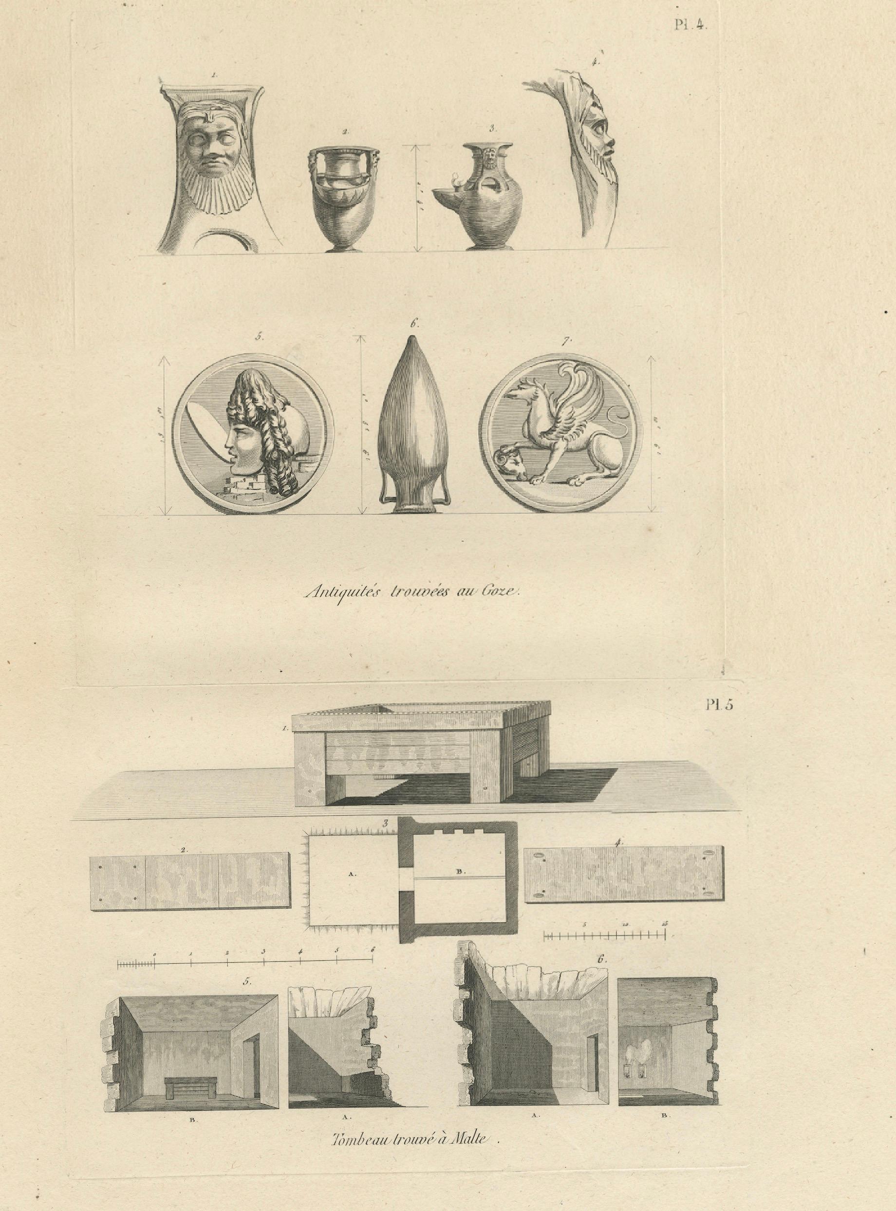 Egyptian Antiquities from Gaza and Malta, Antique Engraving, c.1802