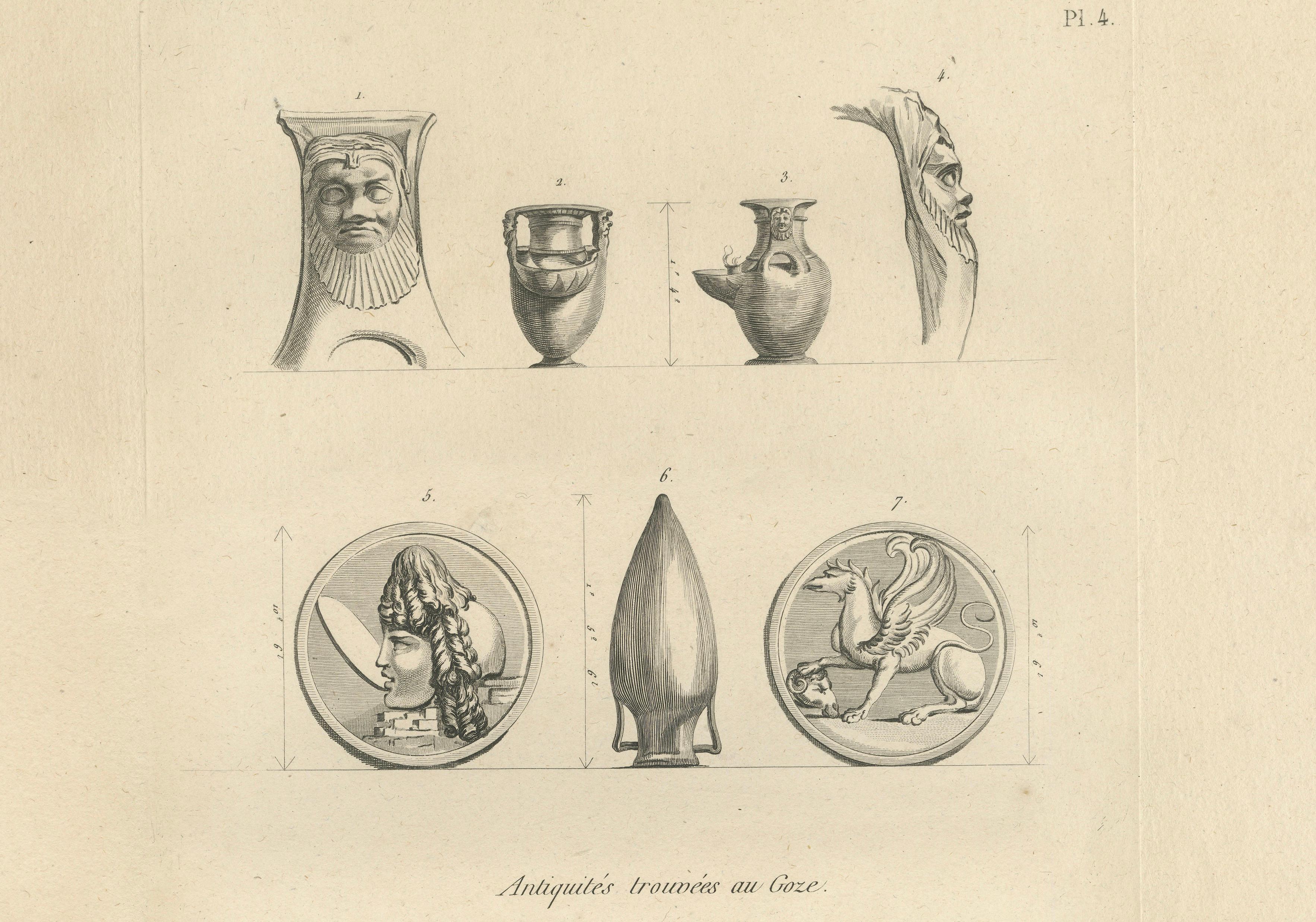 Egyptian Antiquities from Gaza and Malta, Antique Engraving, c.1802