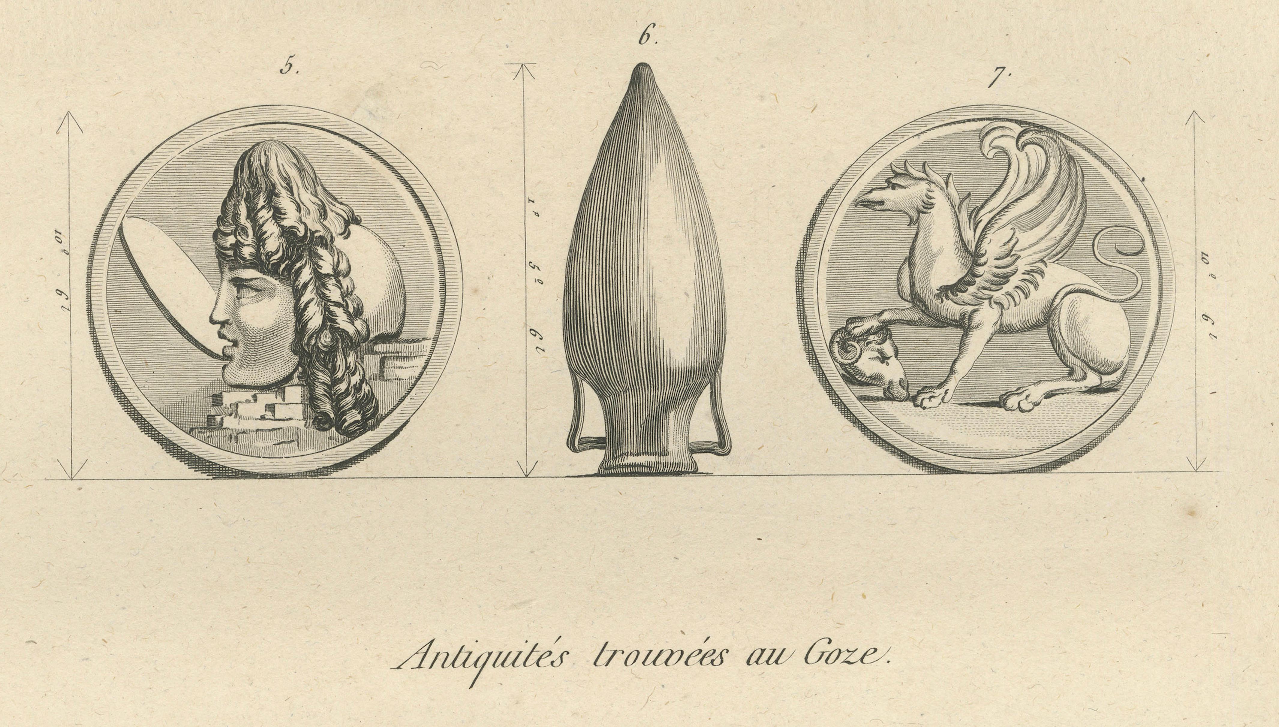 Egyptian Antiquities from Gaza and Malta, Antique Engraving, c.1802