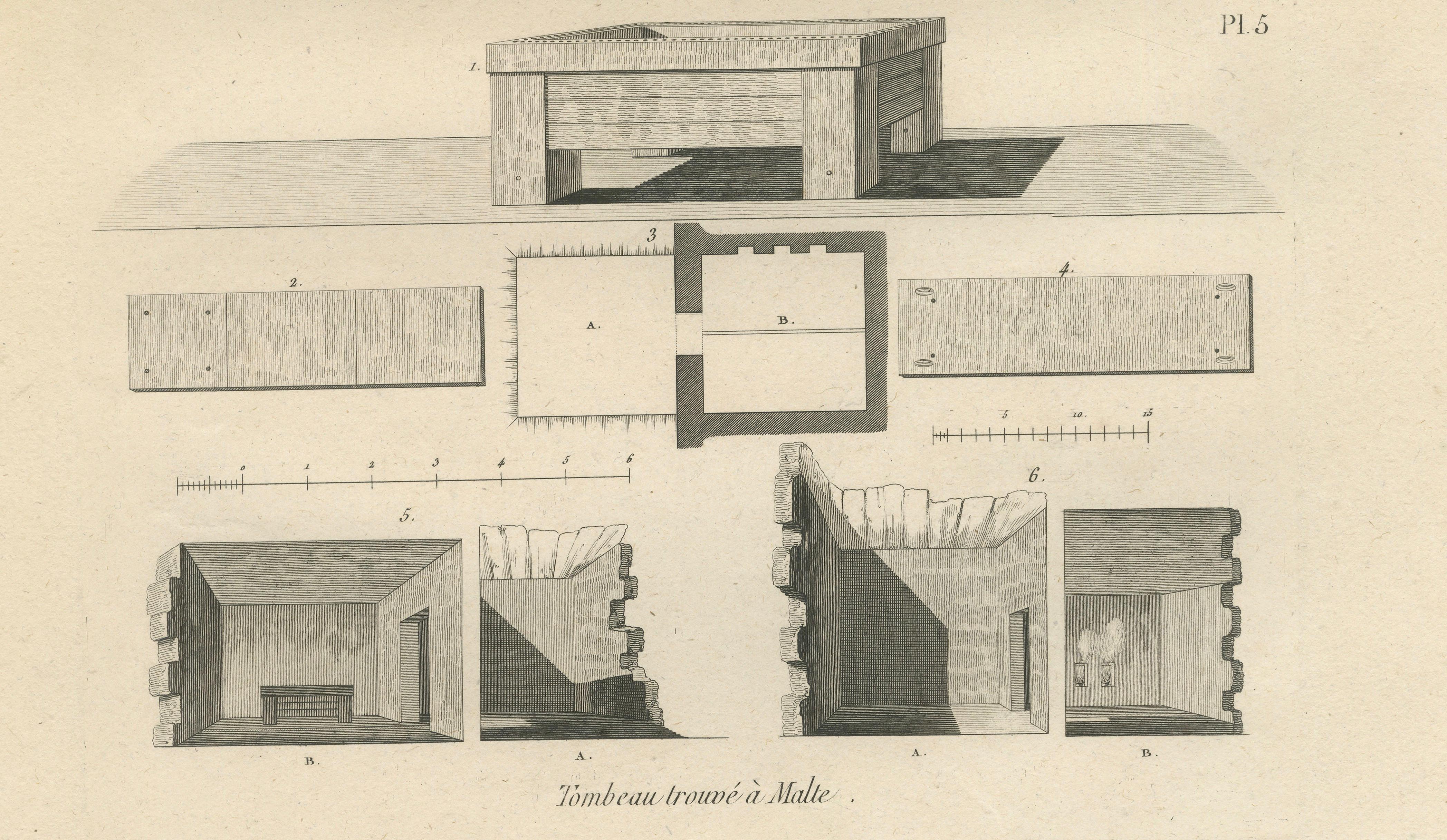 Egyptian Antiquities from Gaza and Malta, Antique Engraving, c.1802