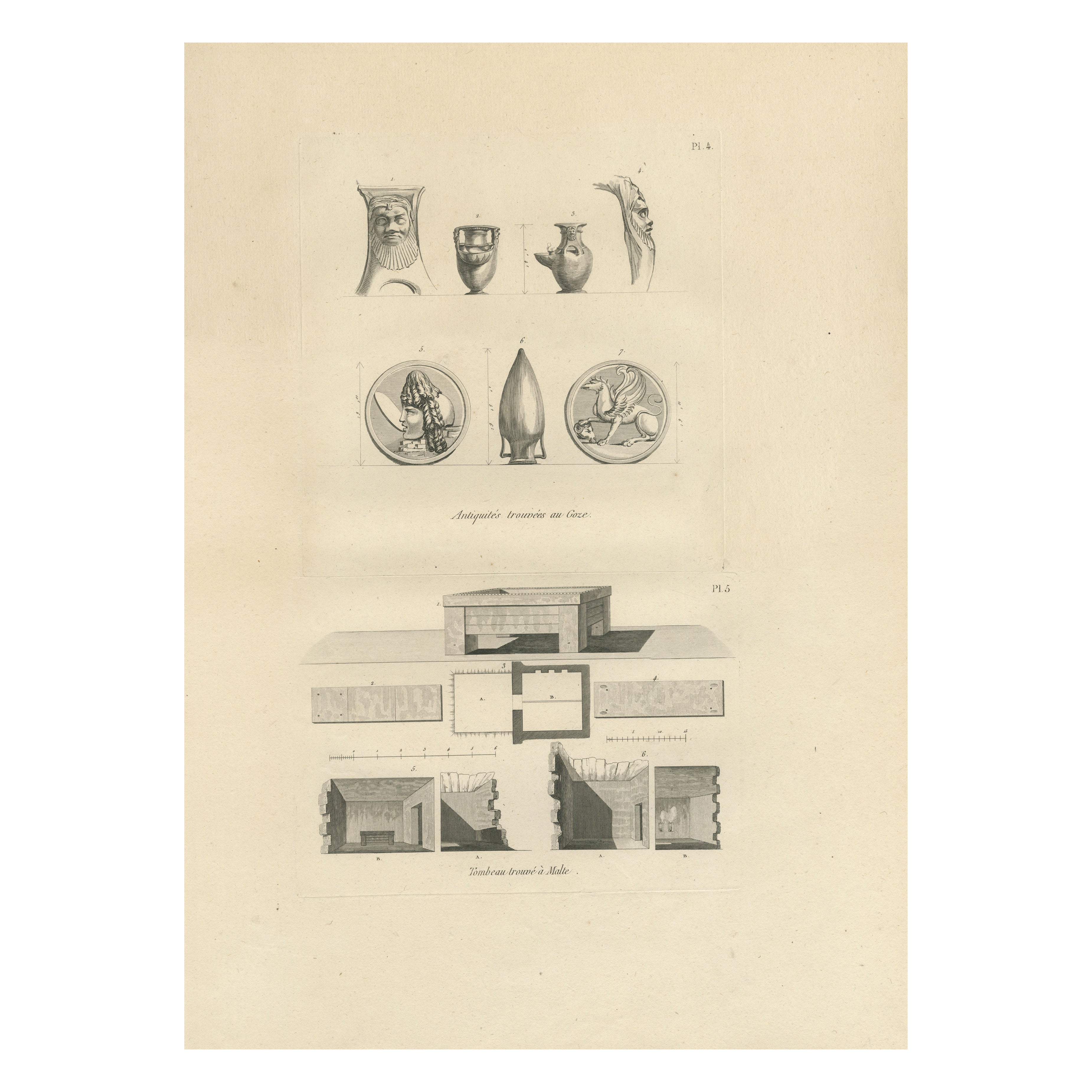 Ägyptische Altertümer aus Gaza und Malta, antiker Kupferstich, um 1802