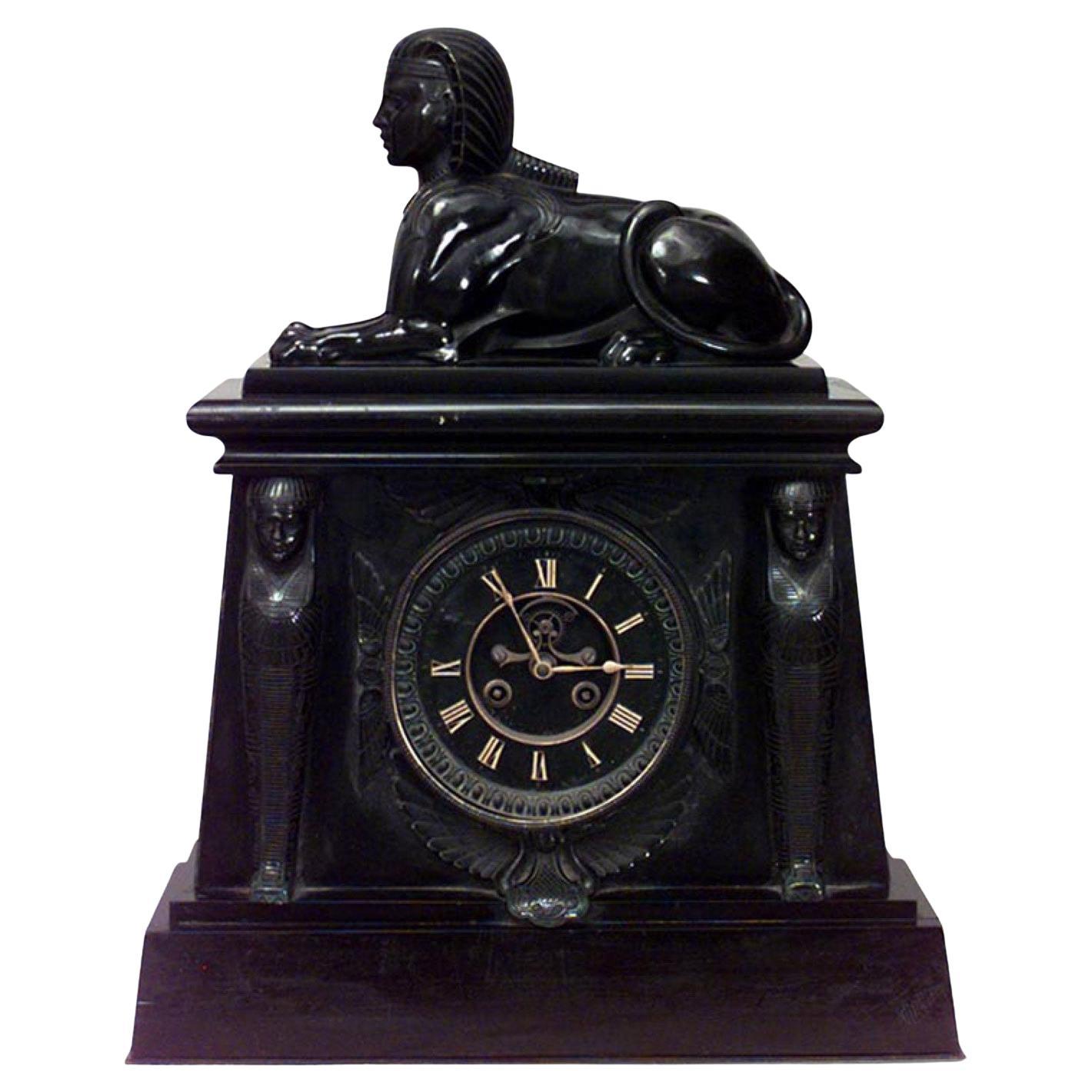 Egyptian Black Marble Sphinx Mantel Clock For Sale