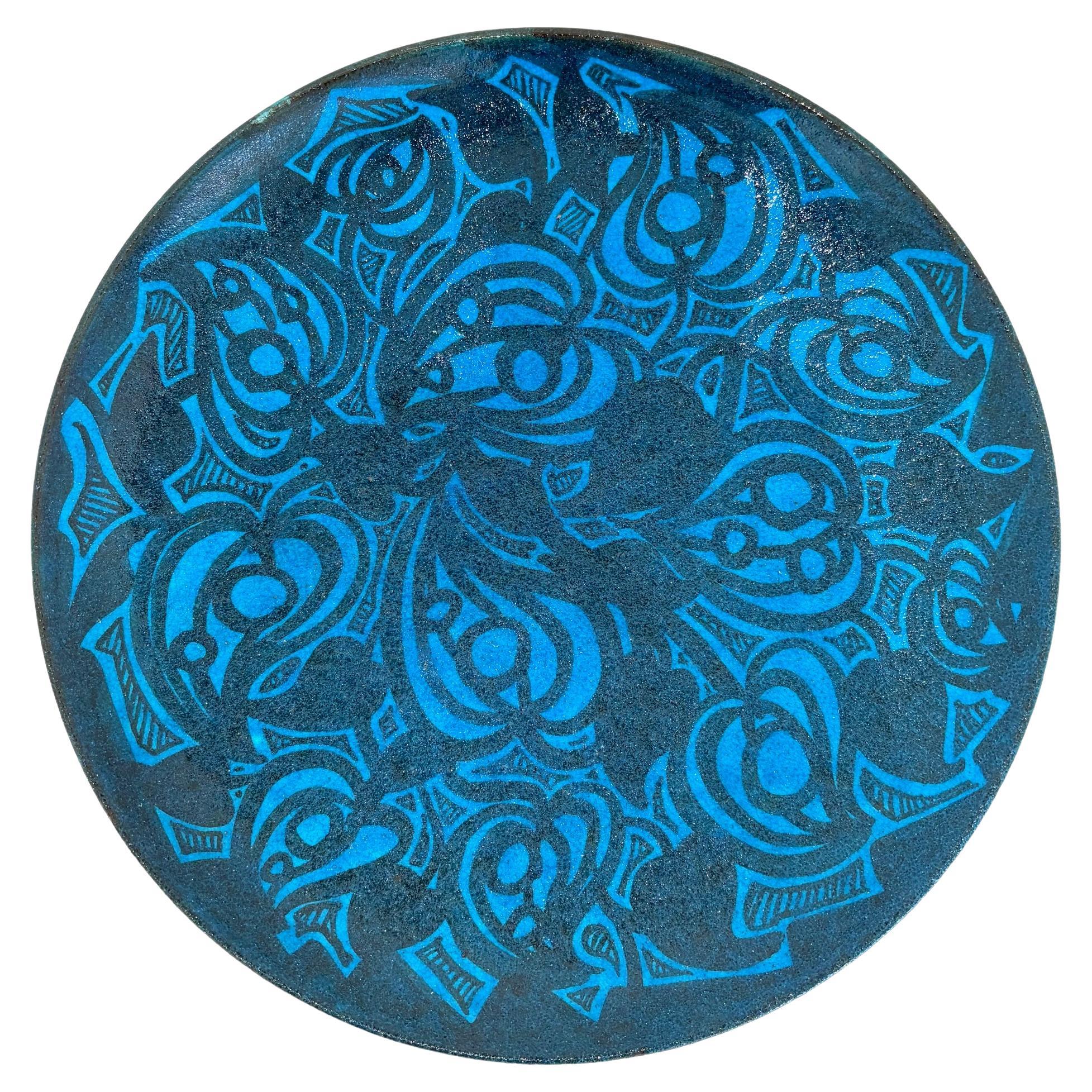 Assiette en céramique murale bleu égyptien par Edmond Lachenal en vente