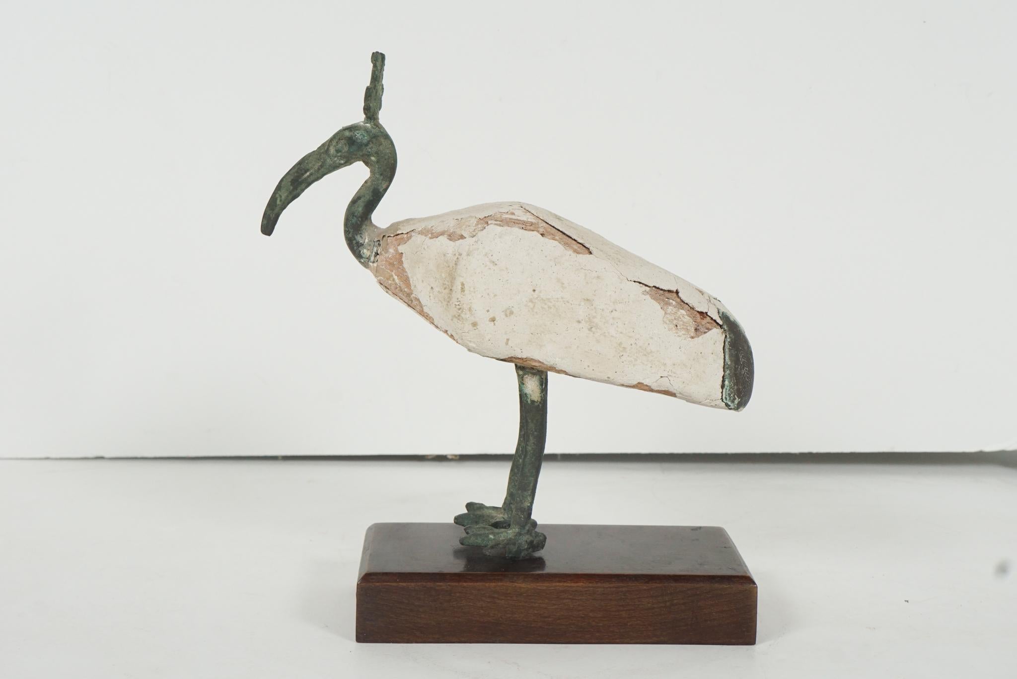 Cast Egyptian Bronze & Carved Wood Figure of an Ibis Mounted on a Later Base
