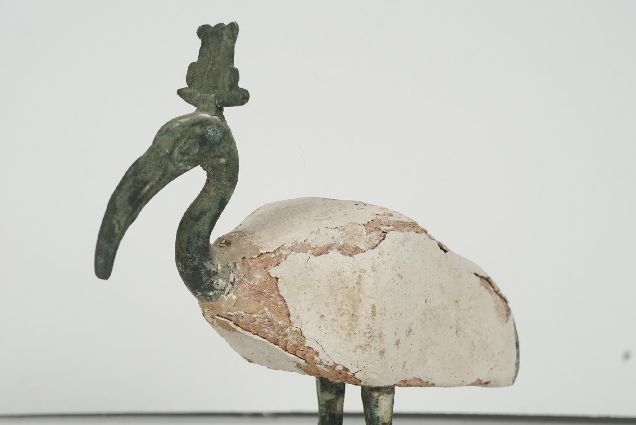 Egyptian Bronze & Carved Wood Figure of an Ibis Mounted on a Later Base In Good Condition In Hudson, NY