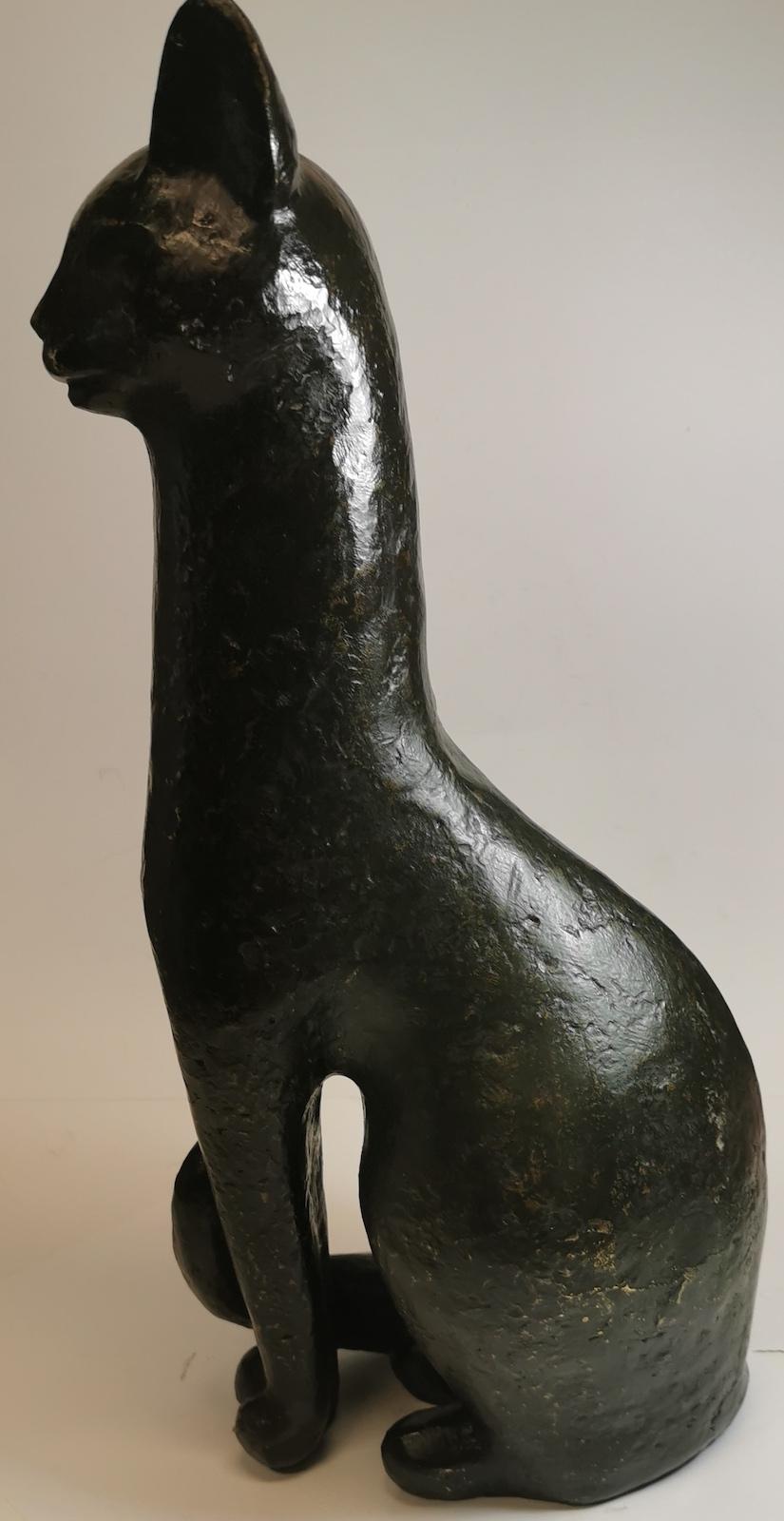 Egyptian bronze cat,
no markings on the base
weighs 15kg,
Measures: 18 x 26 x 53cm high.