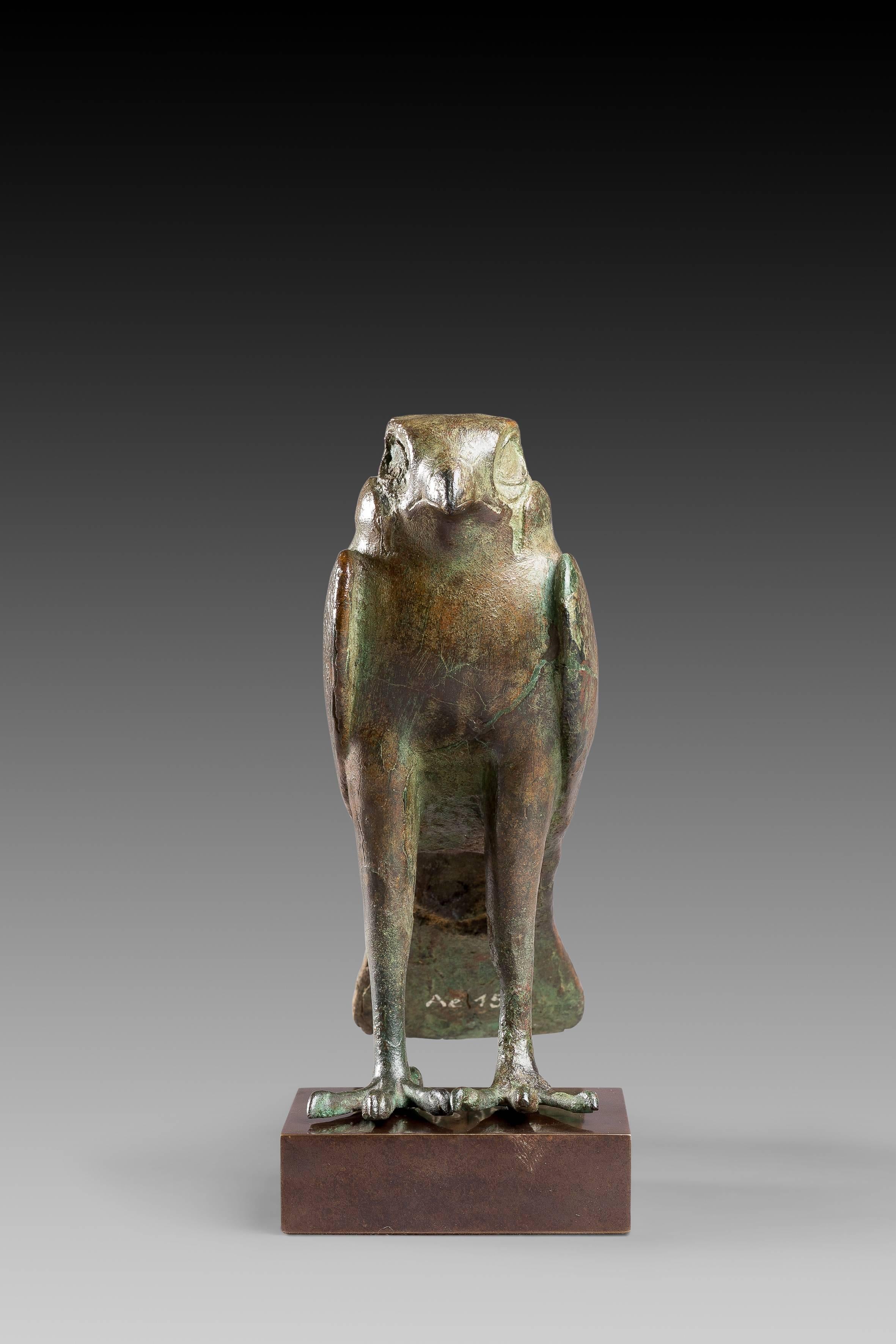Egyptian hollow cast bronze statue of Horus in his incarnation as a falcon. The eyes are rescessed for inlay and the details of the plummage finely engraved. 

Egypt, Late Dynastic period, 664-343 BC. 

Bronze.

Provenance: Formerly in a
