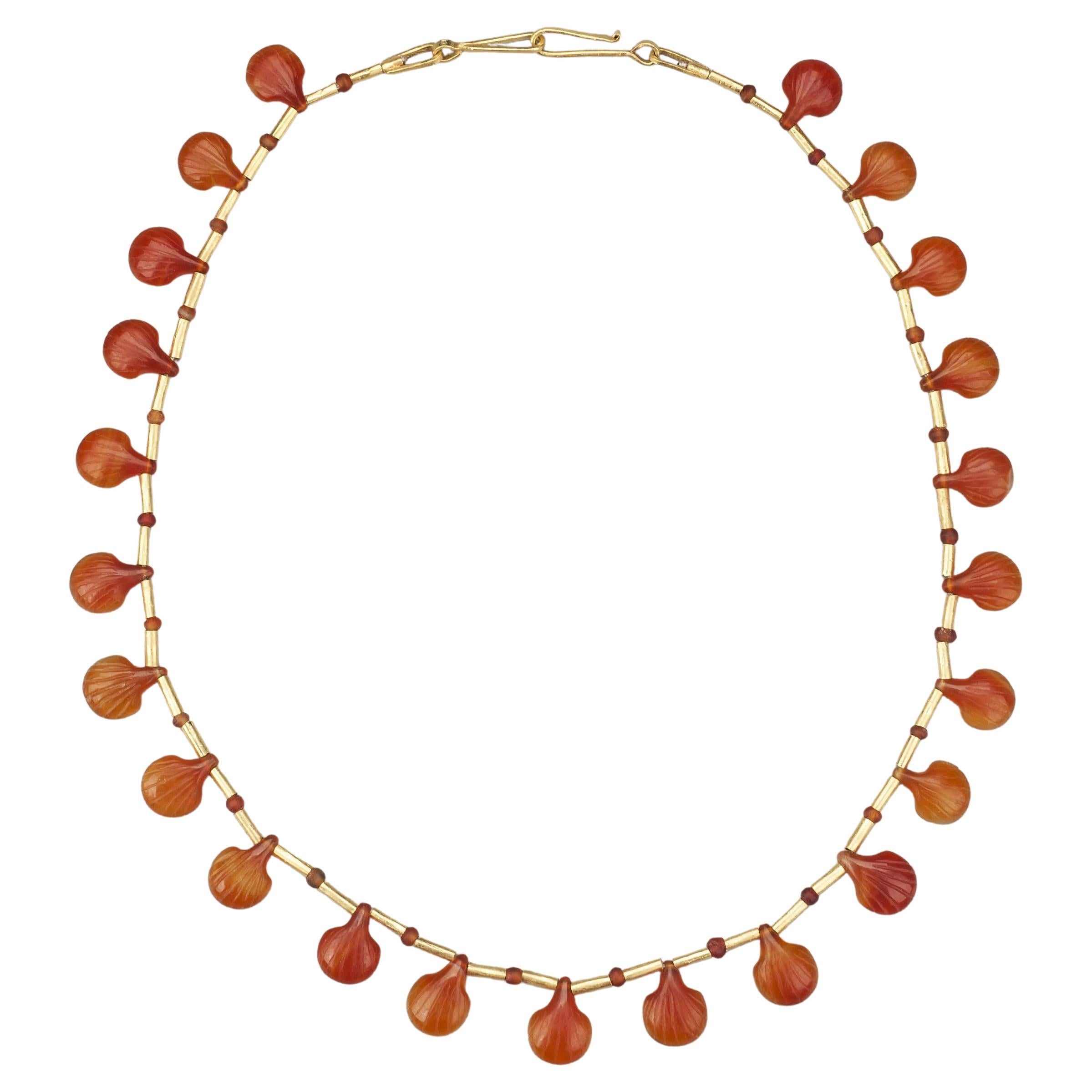 Egyptian Carnelian Shell Pendants Necklace with 20k Gold Tube Beads For Sale