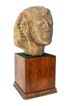 Egyptian Cement Pharaoh Bust Statue I Pedestal Late 19th Century