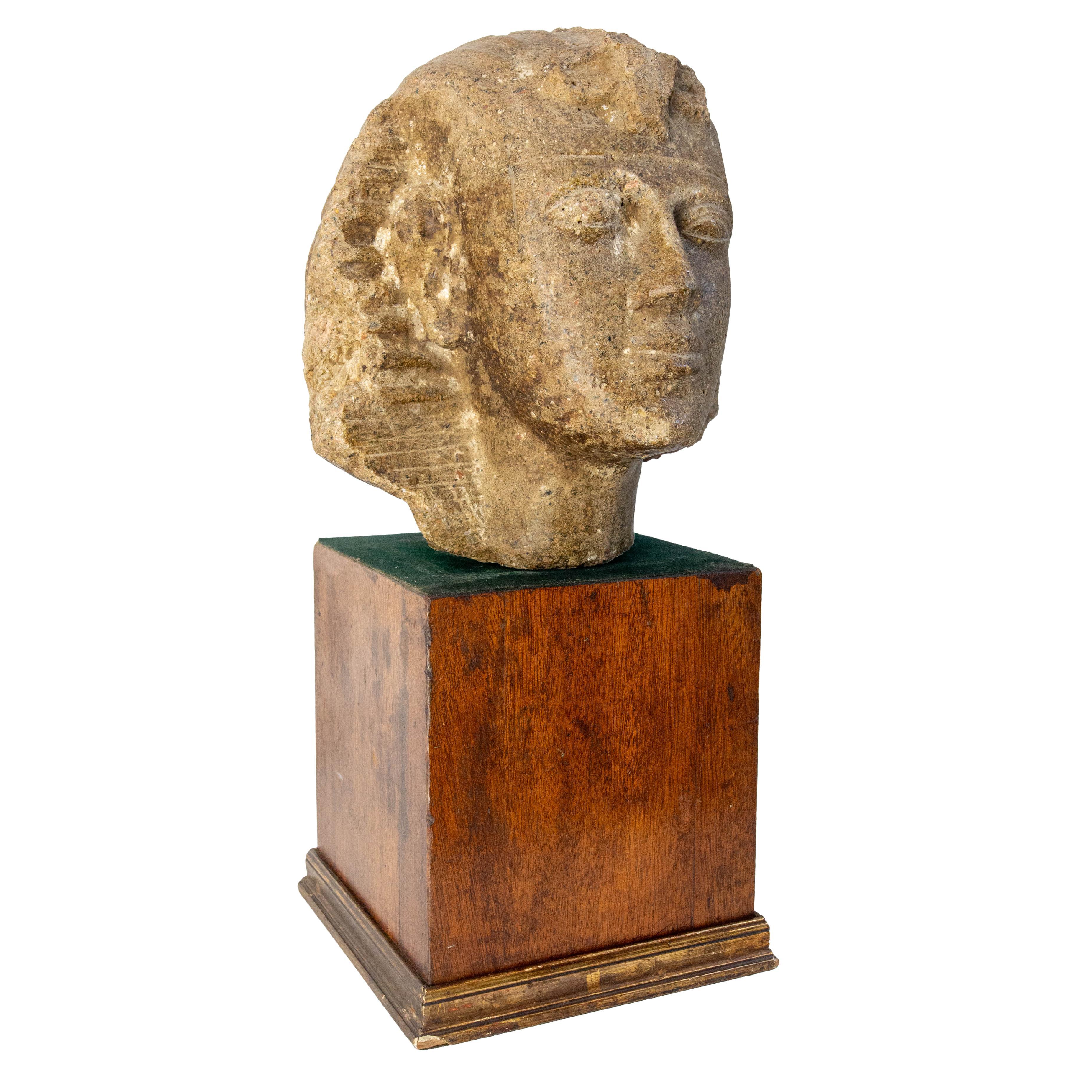 Egyptian Cement Pharaoh Bust Statue I Pedestal Late 19th Century