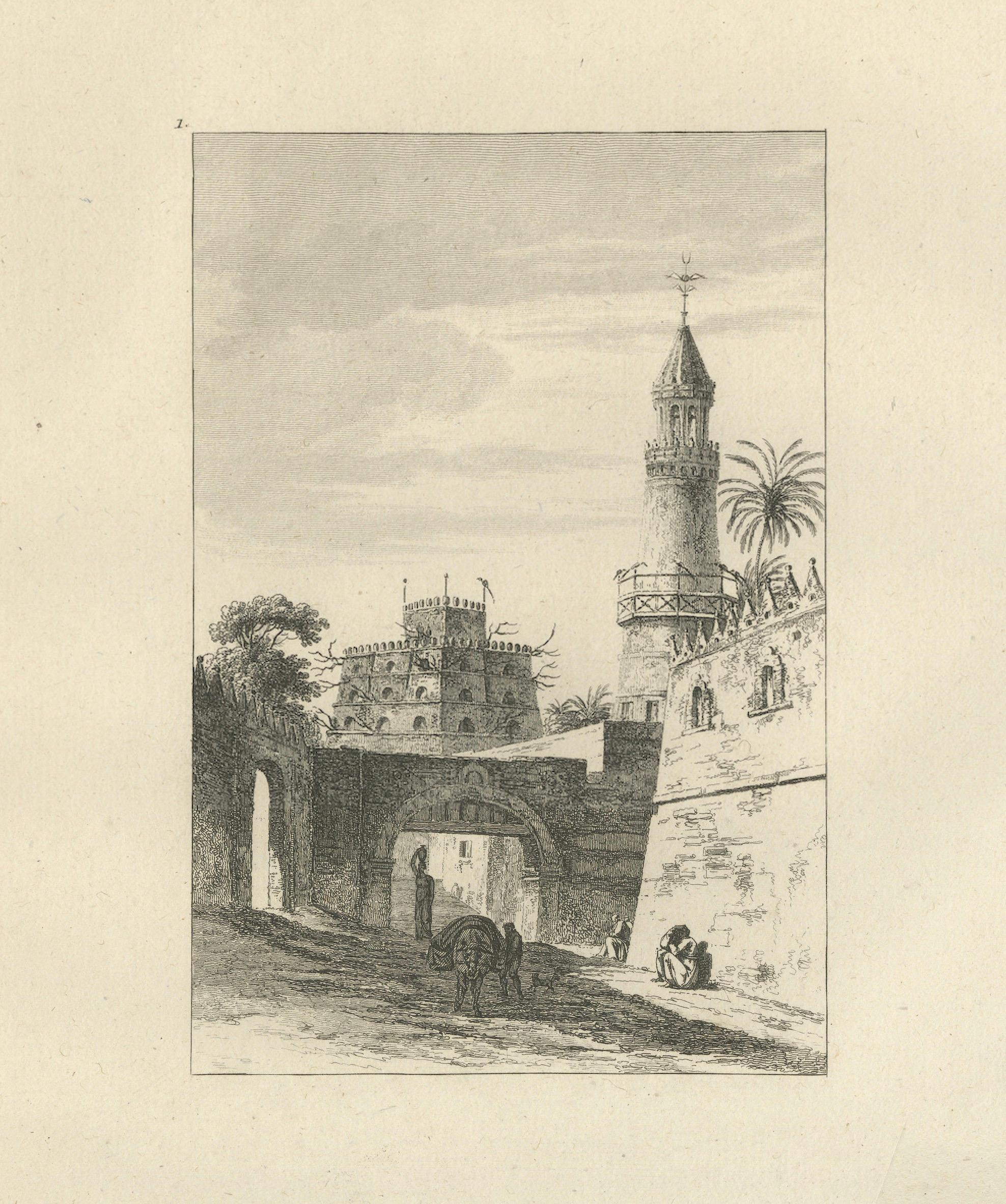 Egyptian City Architecture with Tower, Denon Engraving, 1802