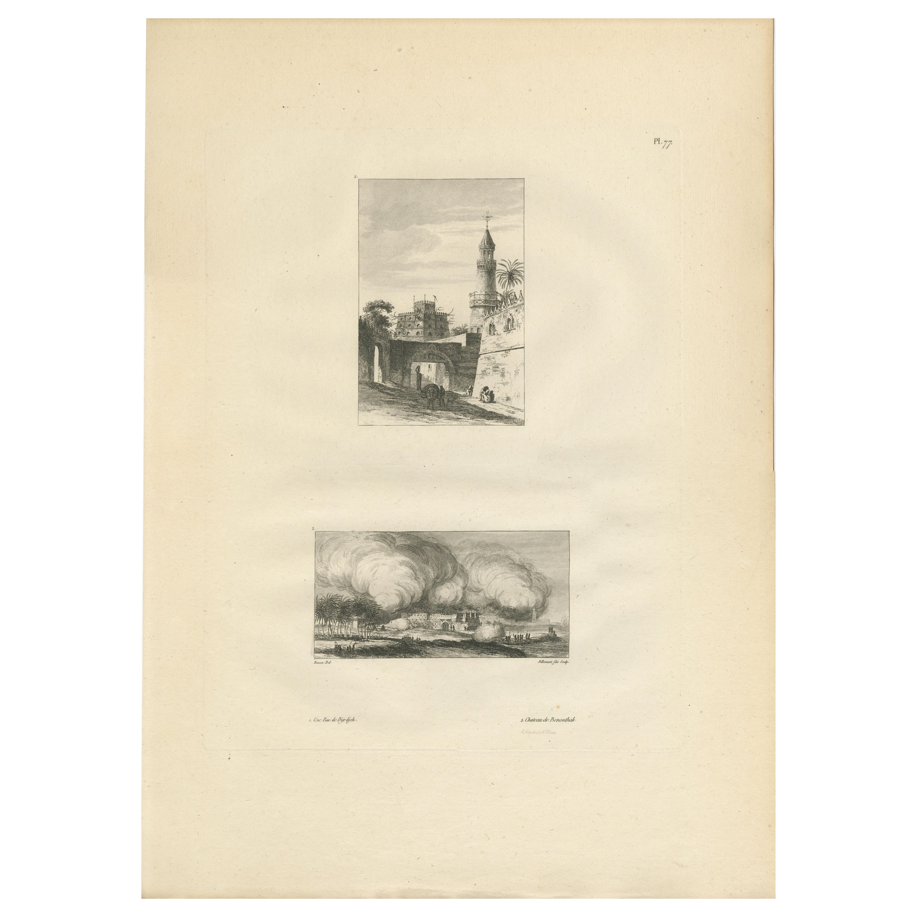 Ägyptische Stadtarchitektur mit Turm, Denon-Gravur, 1802