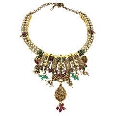 Vintage Egyptian Cleopatra, Jeweled Gem Necklace 24 Karat Yellow Gold Overlay